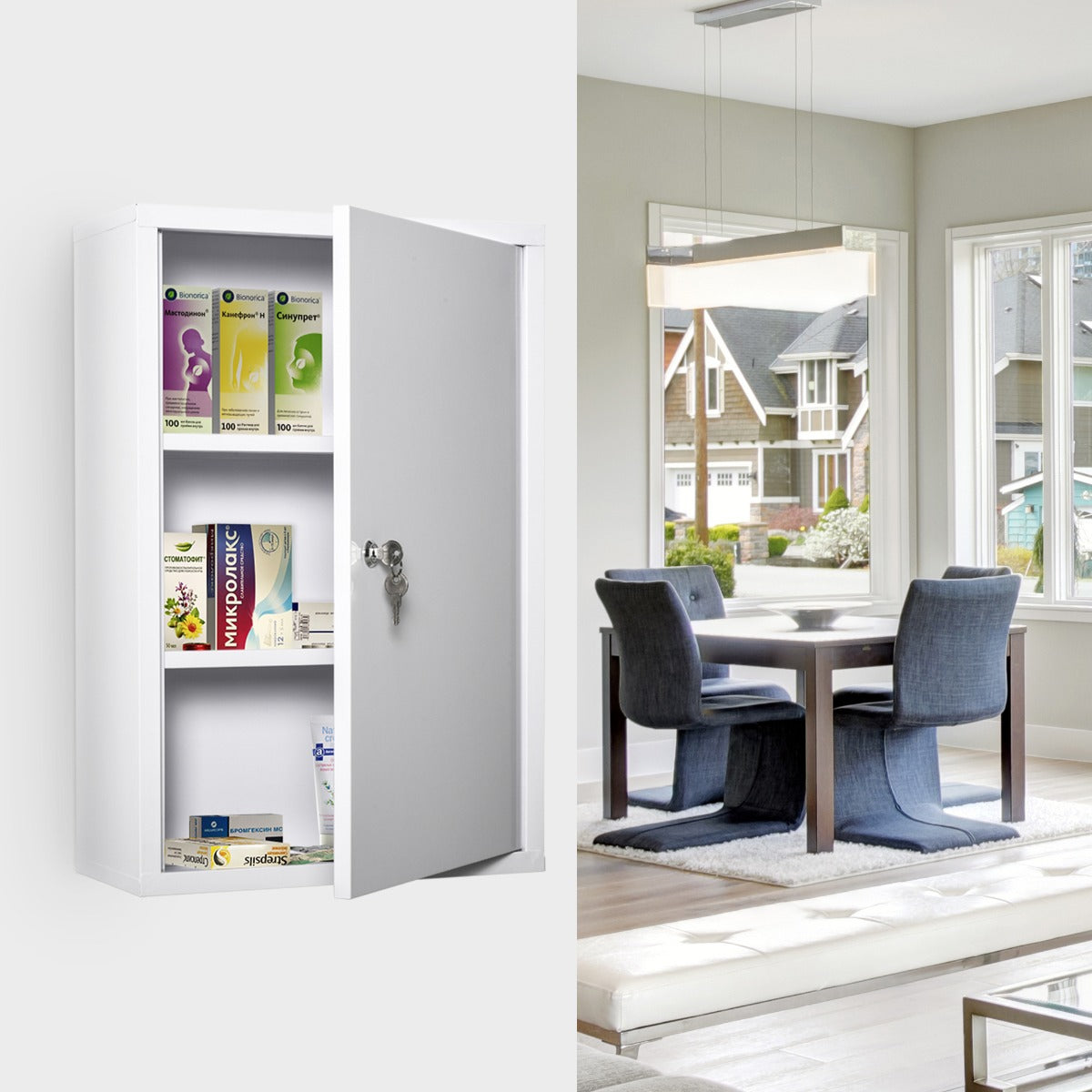 kleankin Steel Wall Mount Medicine Cabinet 3 Tier Emergency Box for Bathroom Kitchen, Lockable with 2 Keys - White