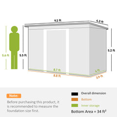 Outsunny 9' x 4' Metal Outdoor Storage Shed, Tool House with Double Lockable Doors for Backyard, Patio, Lawn, Garage, Dark Green