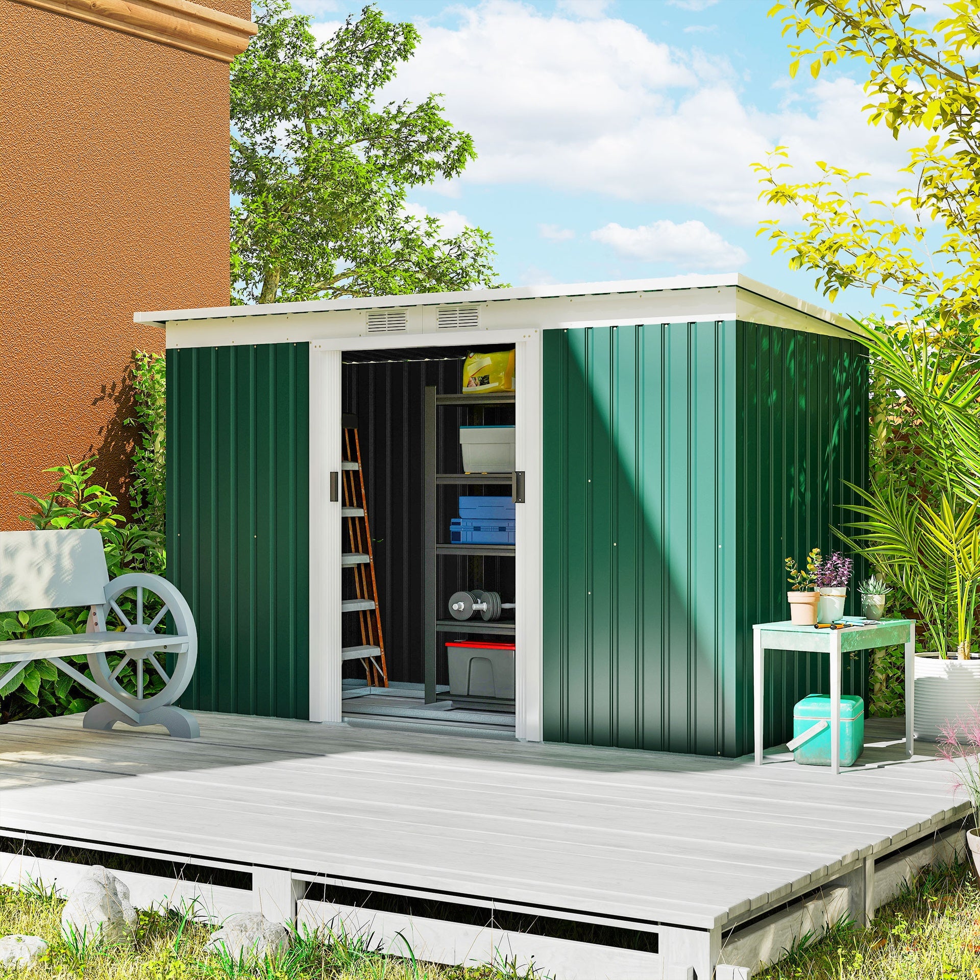 Outsunny 9' x 4' Metal Outdoor Storage Shed, Tool House with Double Lockable Doors for Backyard, Patio, Lawn, Garage, Dark Green