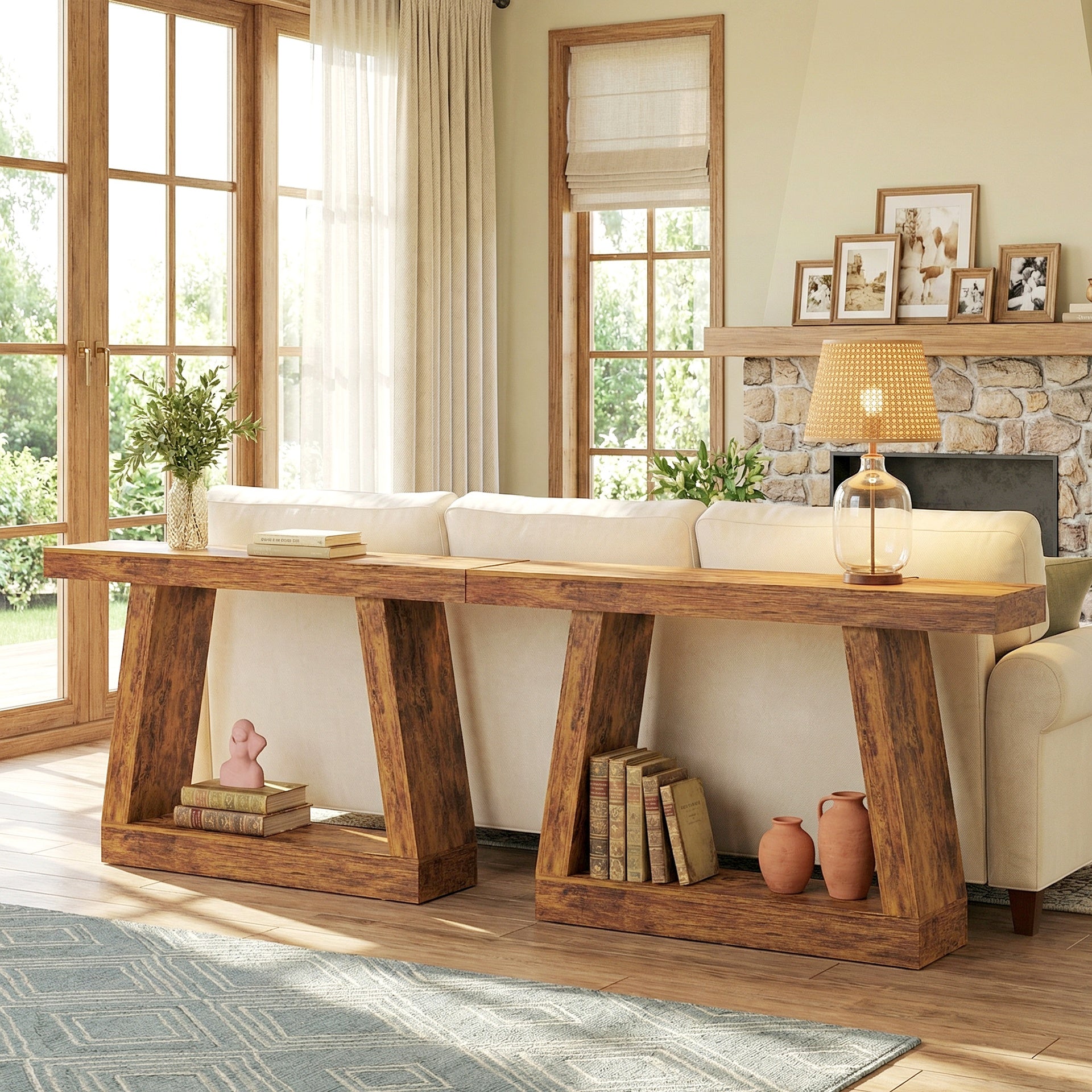 HOMCOM 55" Farmhouse Console Table, 2-Tier Entryway Table with Storage for Hallway, Living Room, Behind Couch, Rustic Brown