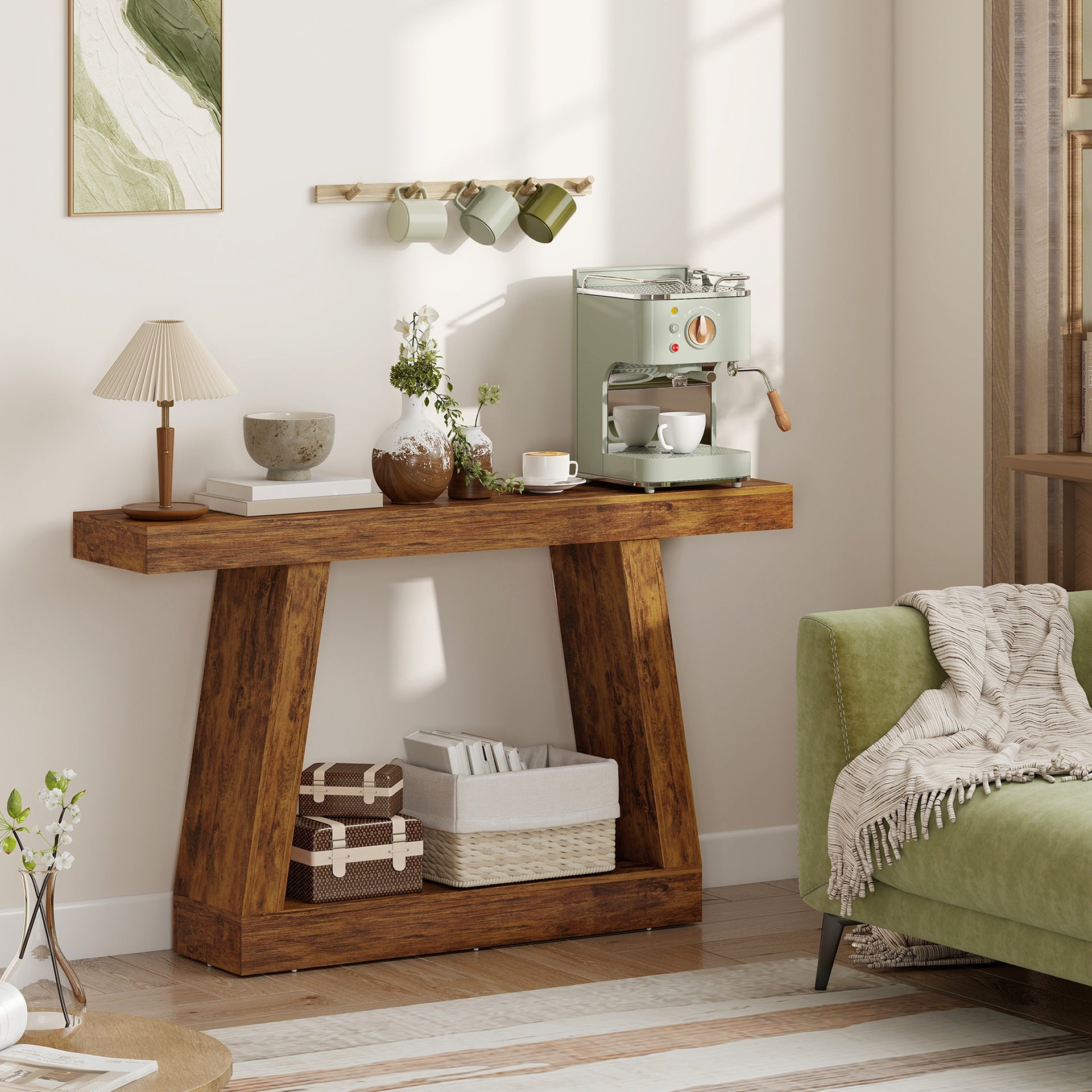 HOMCOM 55" Farmhouse Console Table, 2-Tier Entryway Table with Storage for Hallway, Living Room, Behind Couch, Rustic Brown