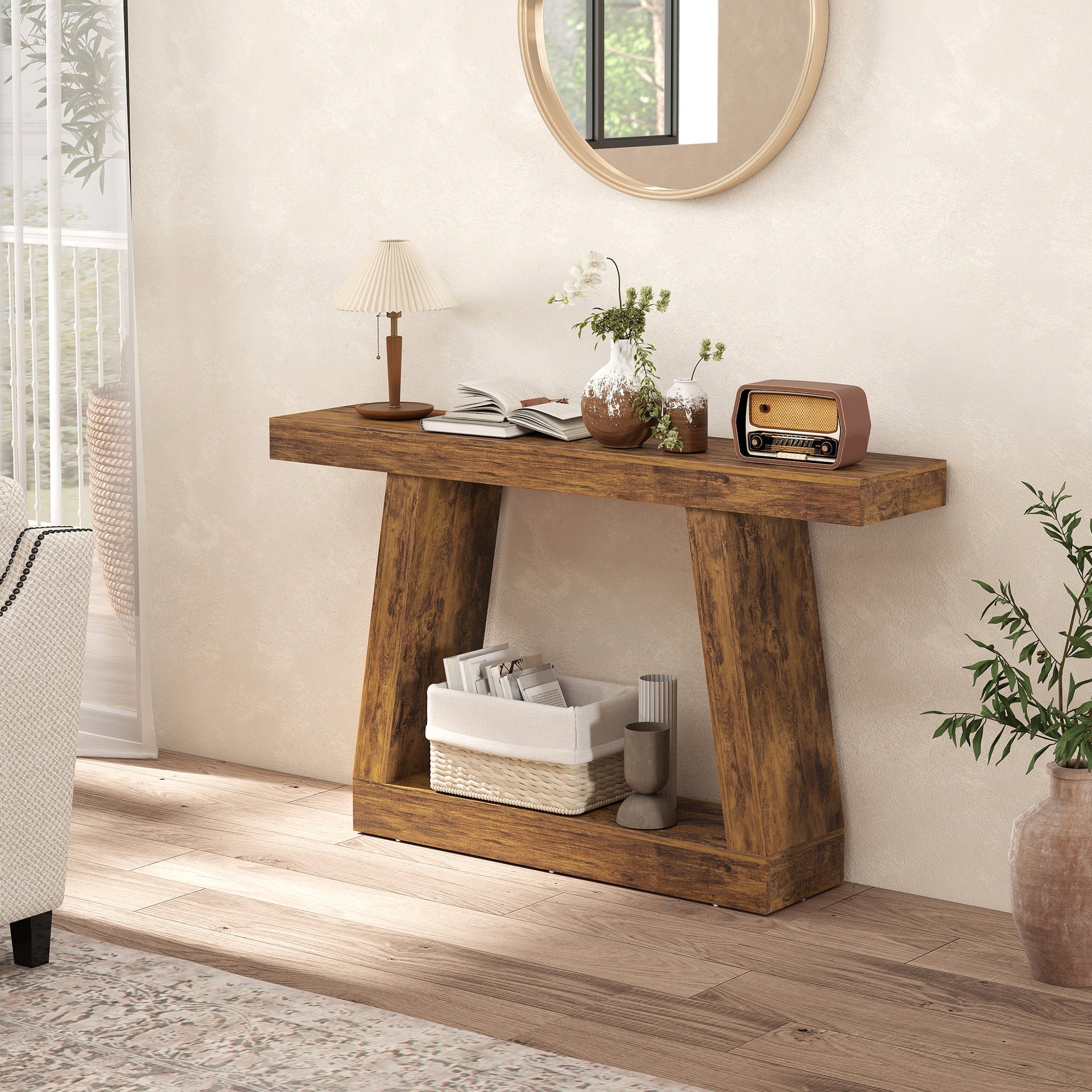 HOMCOM 55" Farmhouse Console Table, 2-Tier Entryway Table with Storage for Hallway, Living Room, Behind Couch, Rustic Brown