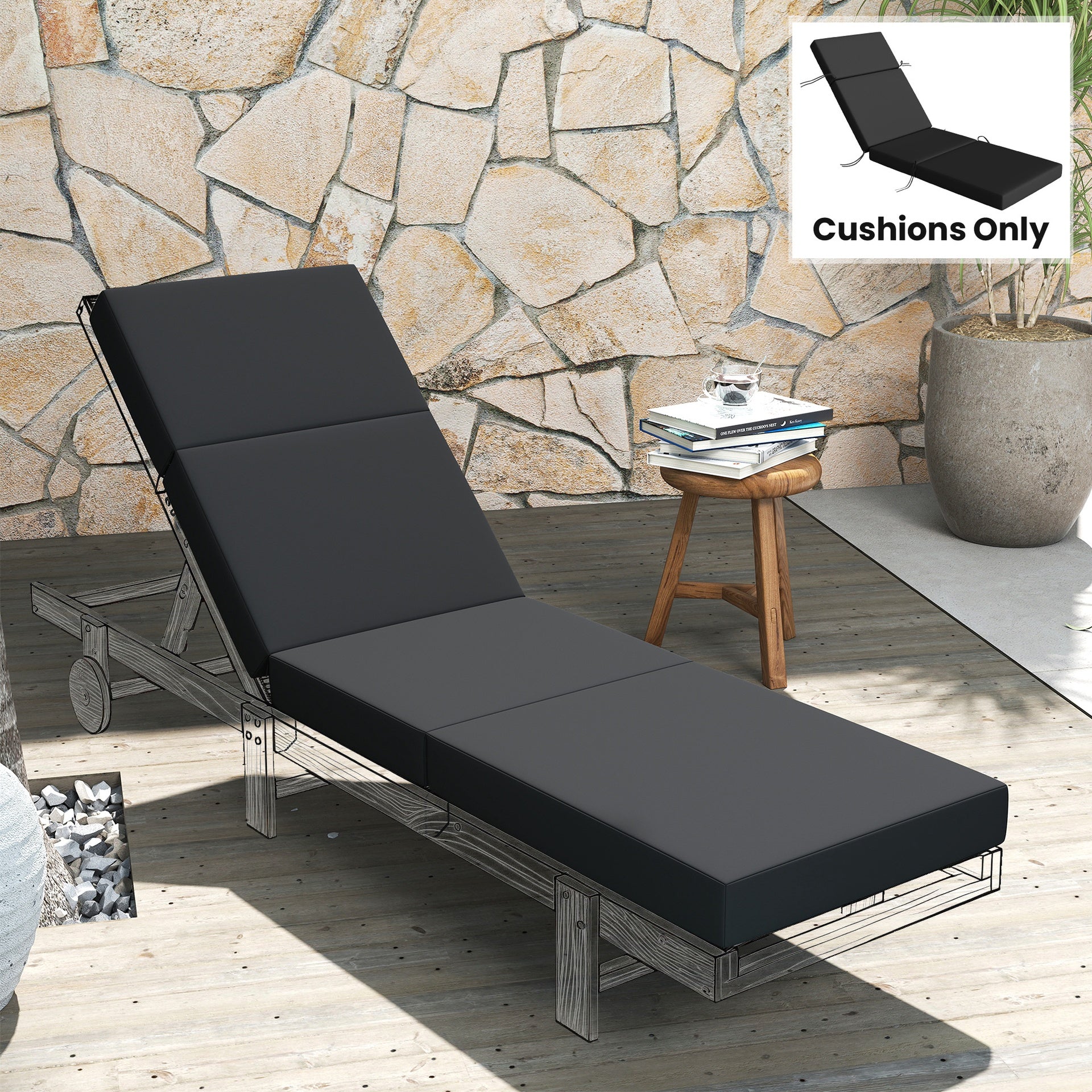 Outsunny Chaise Lounge Cushion, 4" Thick Outdoor Lounge Chair Cushion with Ties for Patio, 21" x 72", Gray