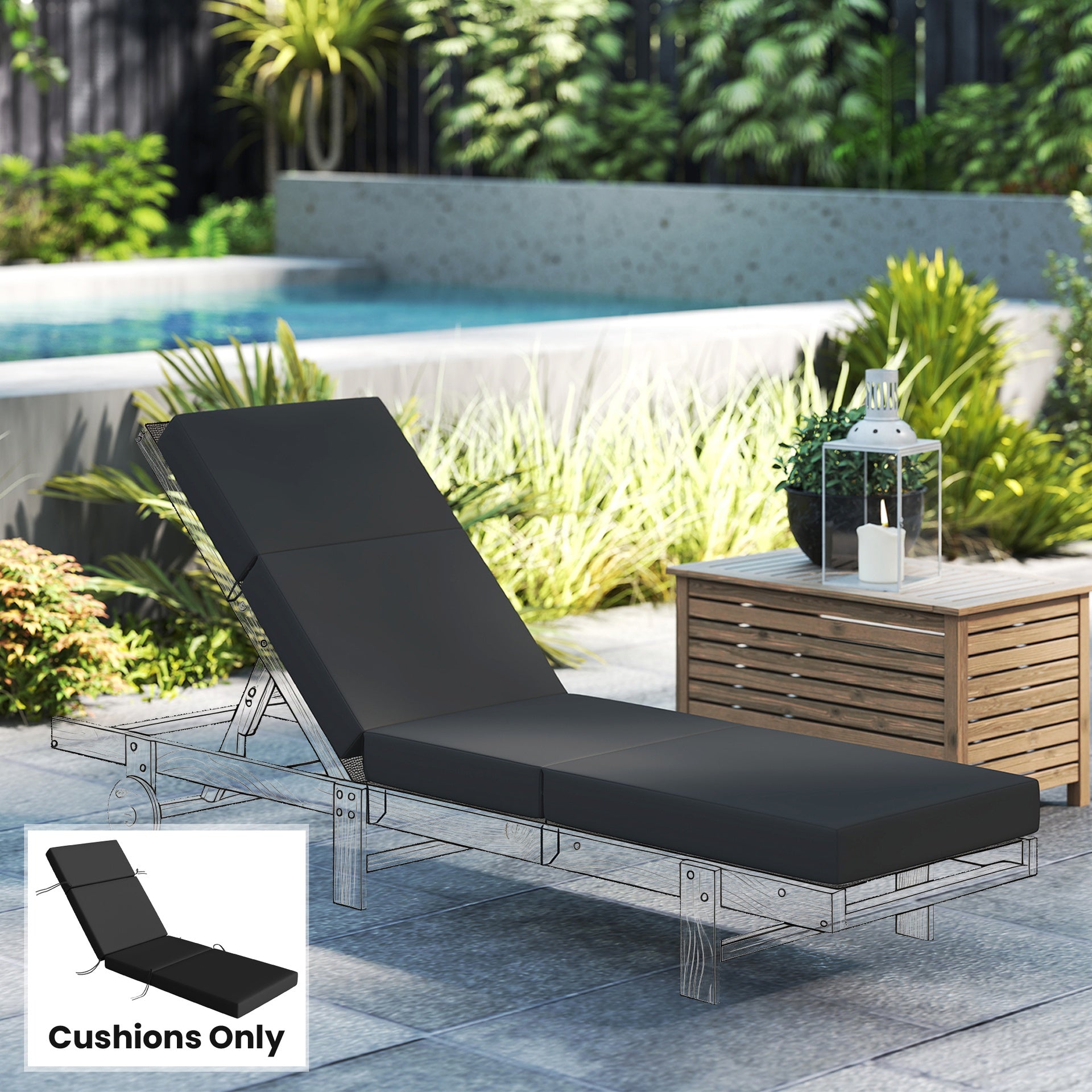 Outsunny Chaise Lounge Cushion, 4" Thick Outdoor Lounge Chair Cushion with Ties for Patio, 21" x 72", Gray