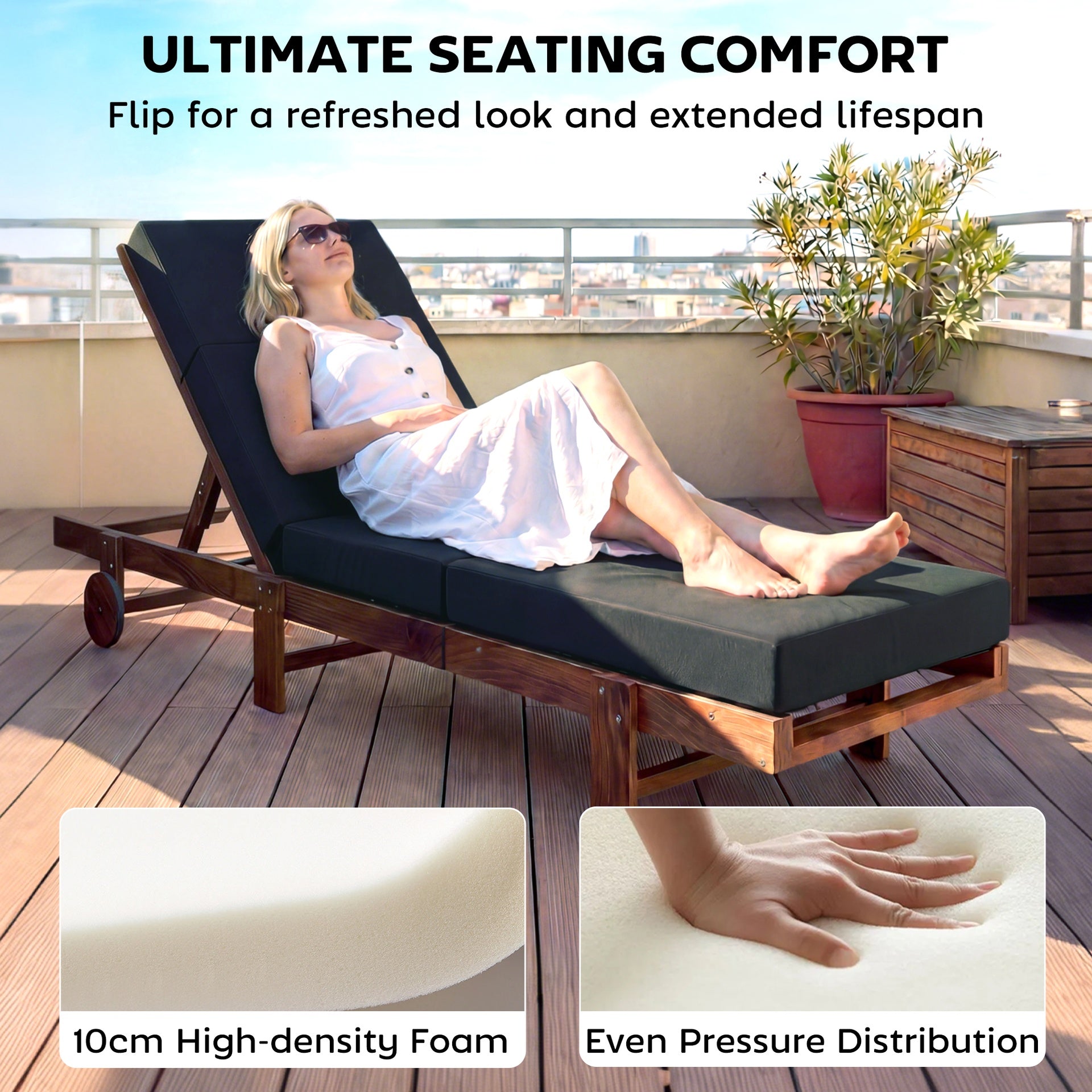 Outsunny Chaise Lounge Cushion, 4" Thick Outdoor Lounge Chair Cushion with Ties for Patio, 21" x 72", Gray
