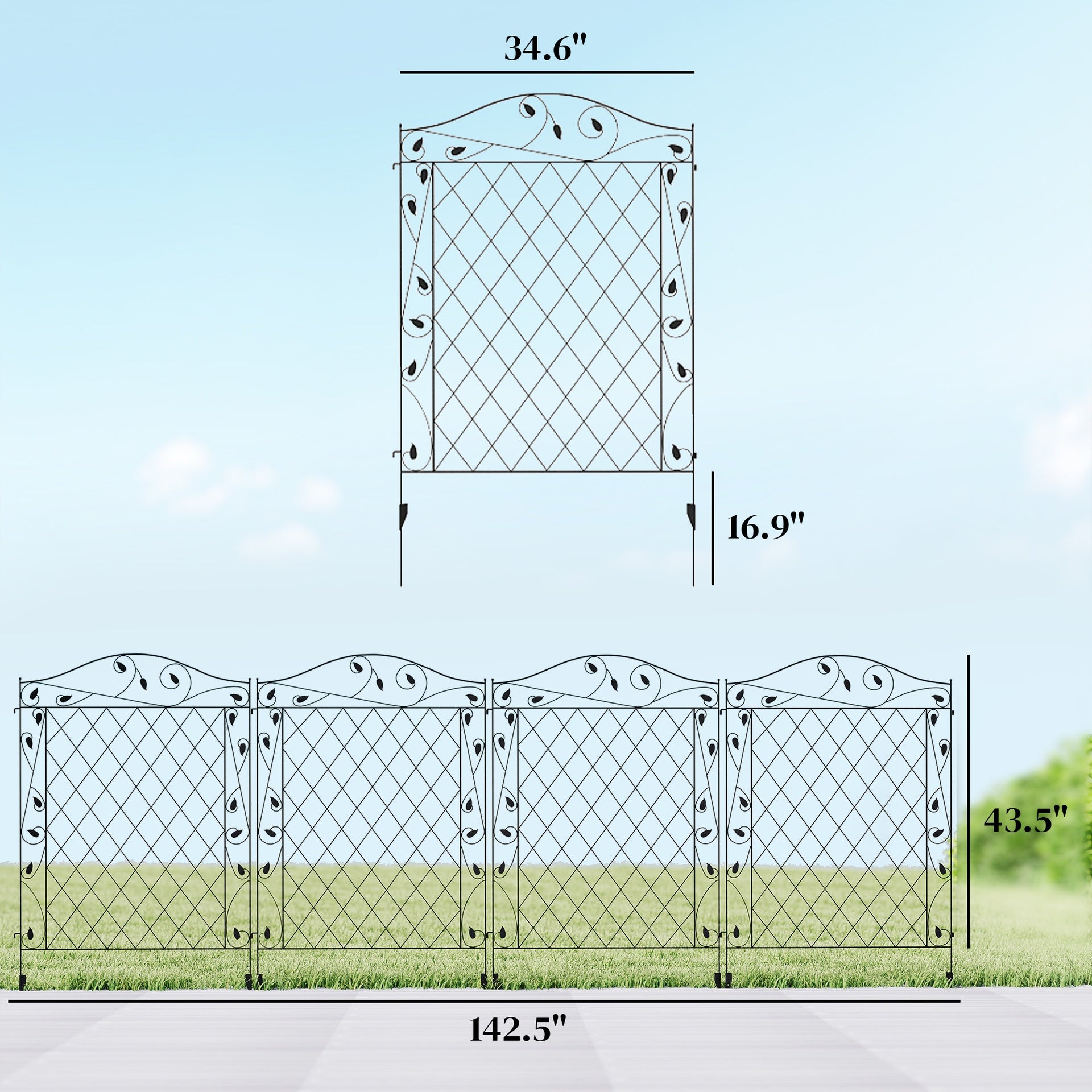 Outsunny Garden Fence, 4 Pack Steel Fence Panels, 11.5' L x 43" H, Rust-Resistant Decorative Border Flower Edging for Yard, Landscape, Patio, Outdoor Decor, Wavey Vines