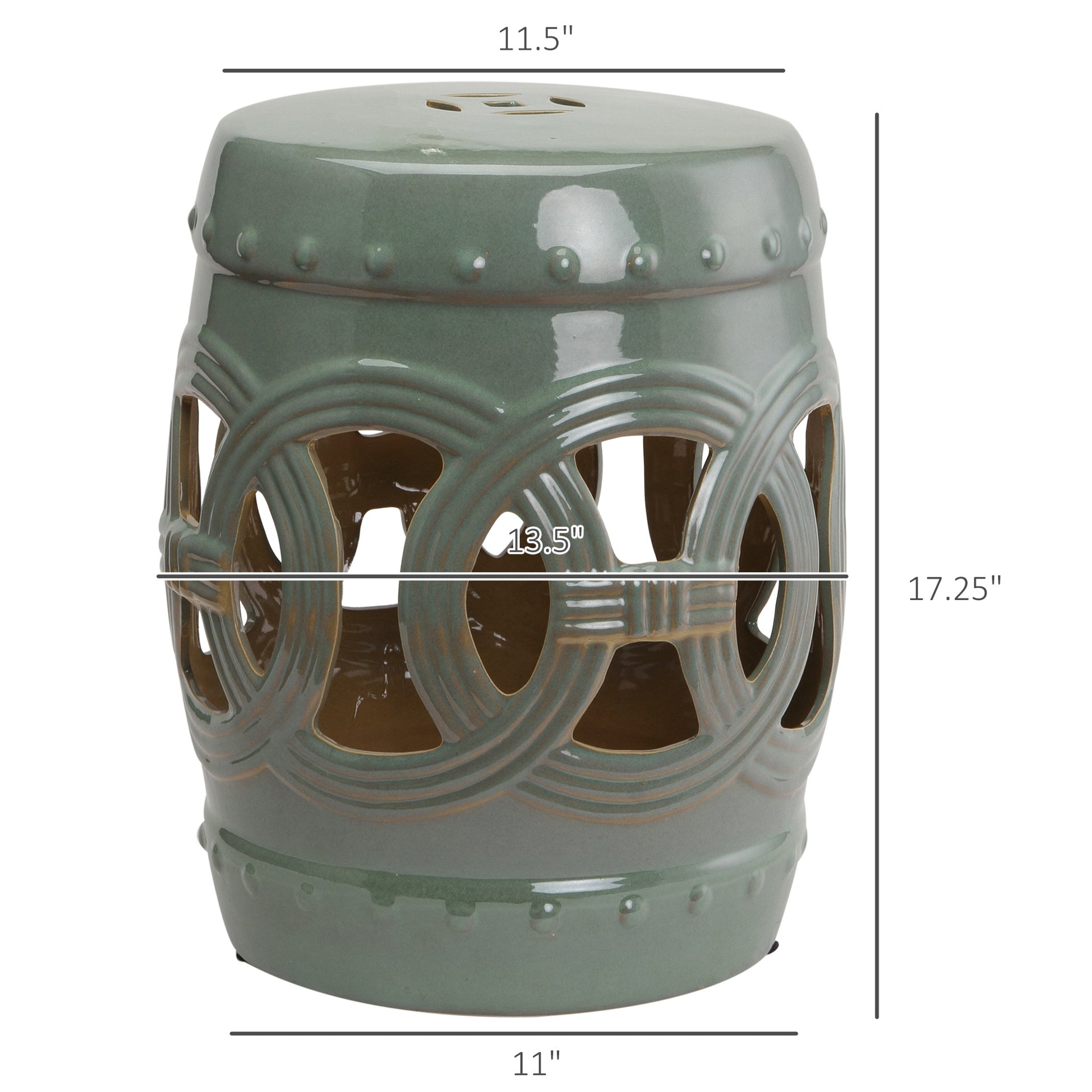 Outsunny 14" x 17" Ceramic Garden Stool with Double-Coin Knotted Ring Design, Glazed Decorative Outdoor Stool, Green