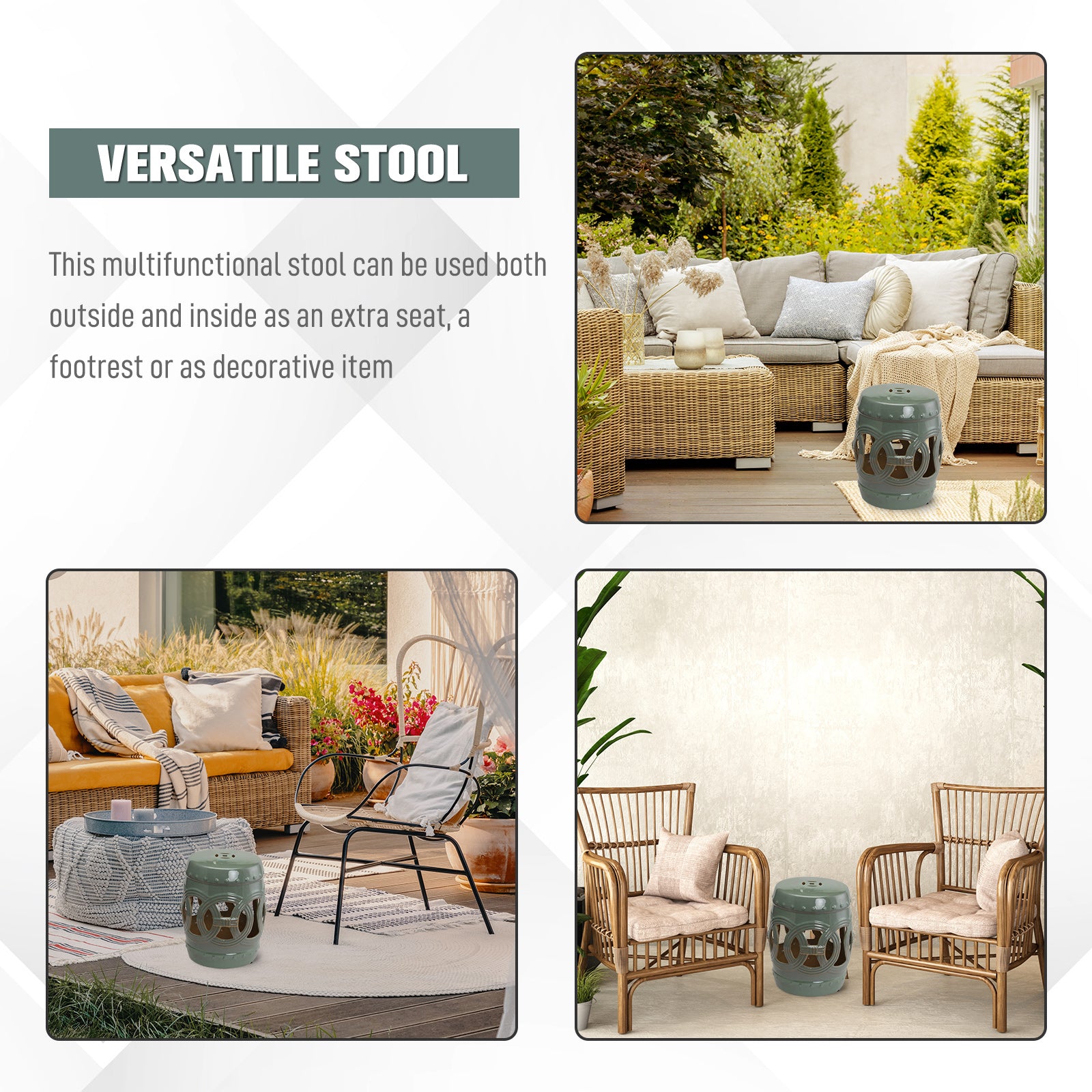 Outsunny 14" x 17" Ceramic Garden Stool with Double-Coin Knotted Ring Design, Glazed Decorative Outdoor Stool, Green