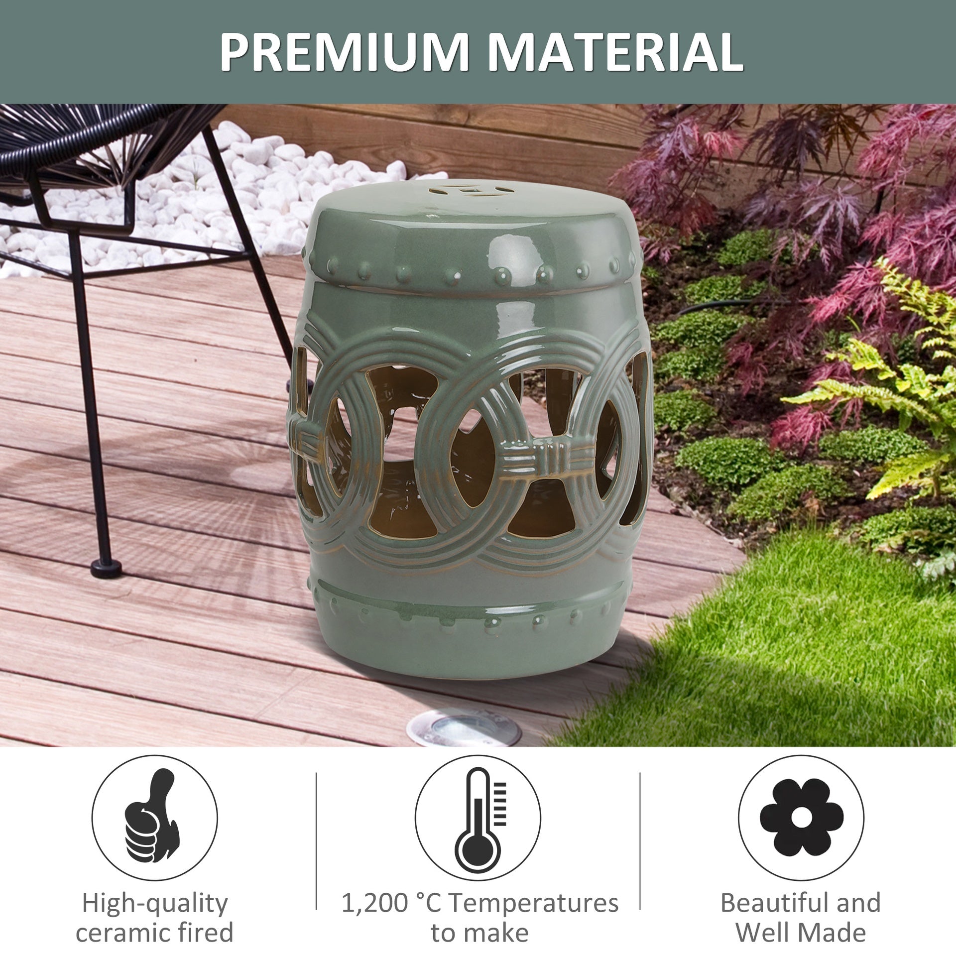 Outsunny 14" x 17" Ceramic Garden Stool with Double-Coin Knotted Ring Design, Glazed Decorative Outdoor Stool, Green