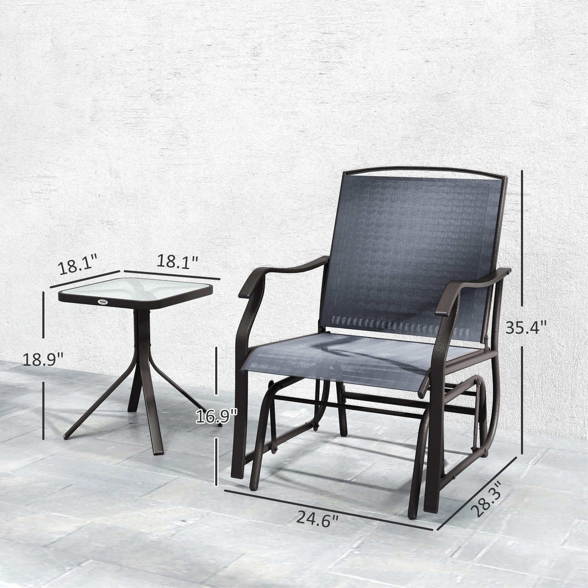 Outsunny 3 Piece Outdoor Glider Chair with Coffee Table Bistro Set, 2 Patio Rocking Swing Chairs with Breathable Sling Fabric, Glass Tabletop, for Backyard, Garden and Porch, Gray