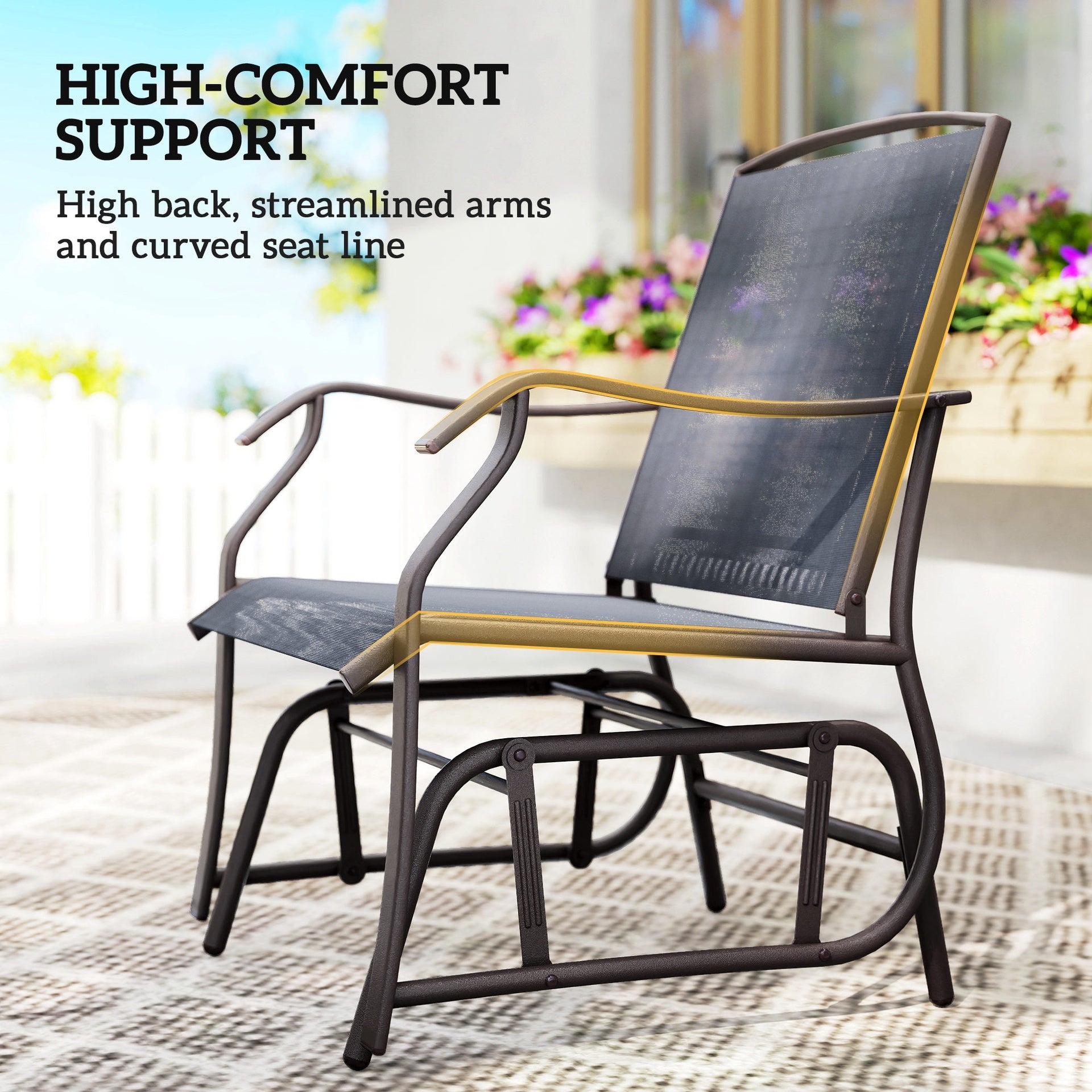Outsunny 3 Piece Outdoor Glider Chair with Coffee Table Bistro Set, 2 Patio Rocking Swing Chairs with Breathable Sling Fabric, Glass Tabletop, for Backyard, Garden and Porch, Gray