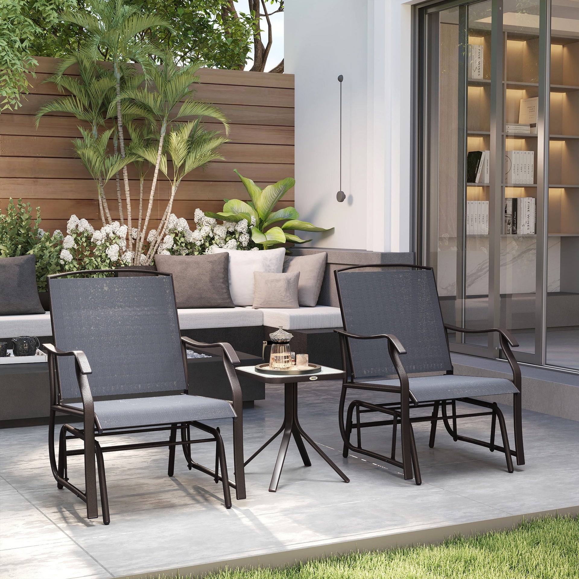 Outsunny 3 Piece Outdoor Glider Chair with Coffee Table Bistro Set, 2 Patio Rocking Swing Chairs with Breathable Sling Fabric, Glass Tabletop, for Backyard, Garden and Porch, Gray