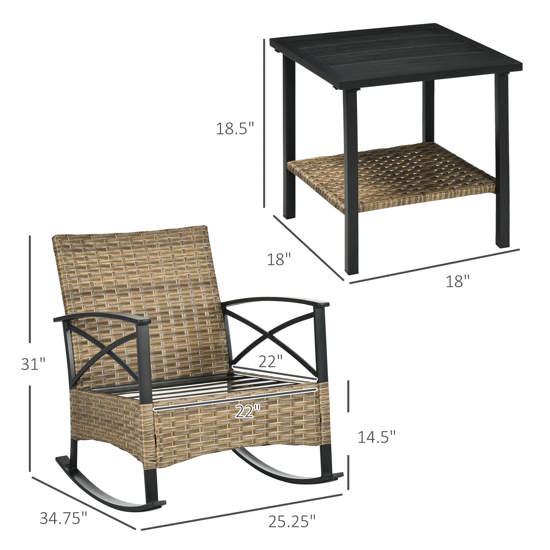 Outsunny 3 Piece Patio Rocking Chair Set, Outdoor Wicker Bistro Set with 2 Oversize Cushioned Porch Rockers and 2 Tier Coffee Table for Garden, Backyard, Light Gray