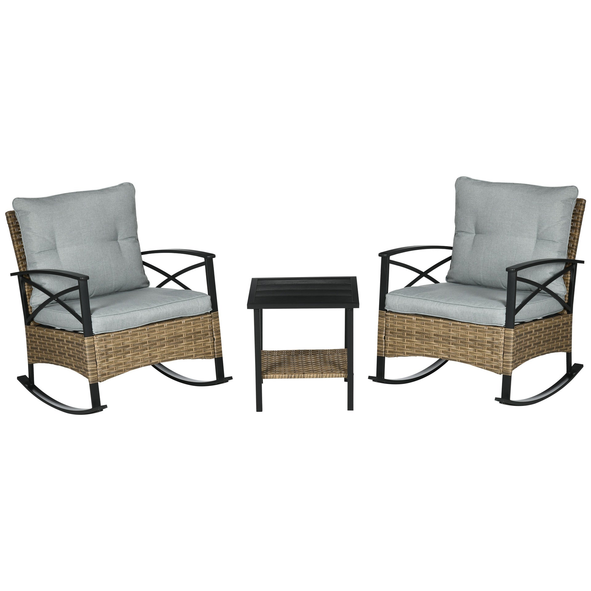 Outsunny 3 Piece Patio Rocking Chair Set, Outdoor Wicker Bistro Set with 2 Oversize Cushioned Porch Rockers and 2 Tier Coffee Table for Garden, Backyard, Light Gray