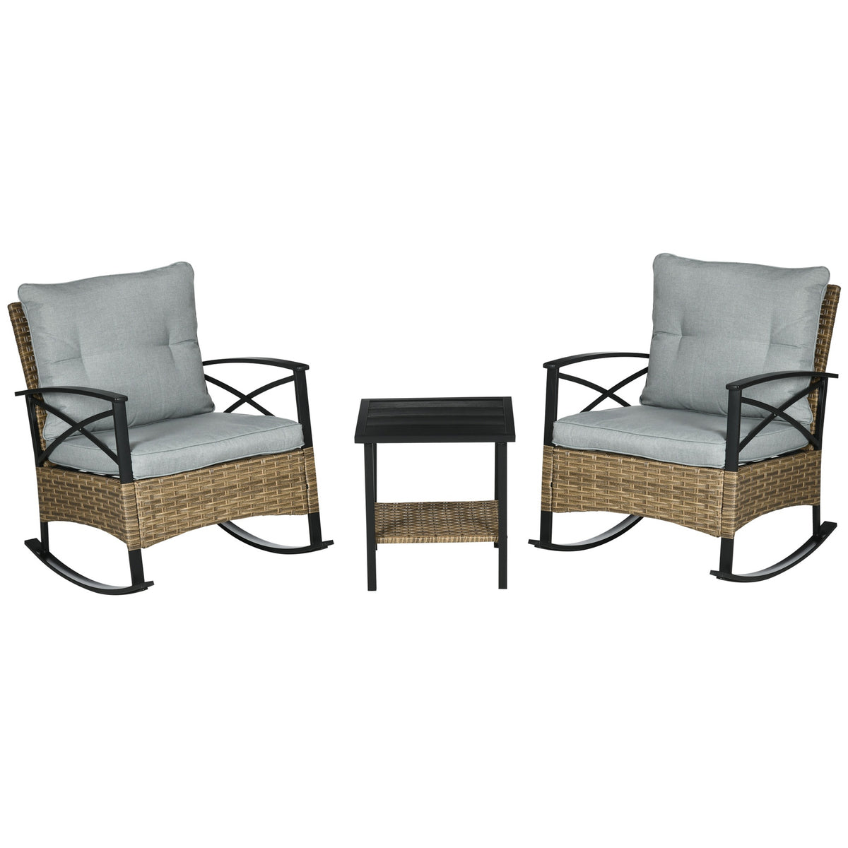 Outsunny 3 Piece Patio Rocking Chair Set, Outdoor Wicker Bistro Set with 2 Oversize Cushioned Porch Rockers and 2 Tier Coffee Table for Garden, Backyard, Light Gray