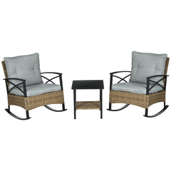 Outsunny 3 Piece Patio Rocking Chair Set, Outdoor Wicker Bistro Set with 2 Oversize Cushioned Porch Rockers and 2 Tier Coffee Table for Garden, Backyard, Light Gray