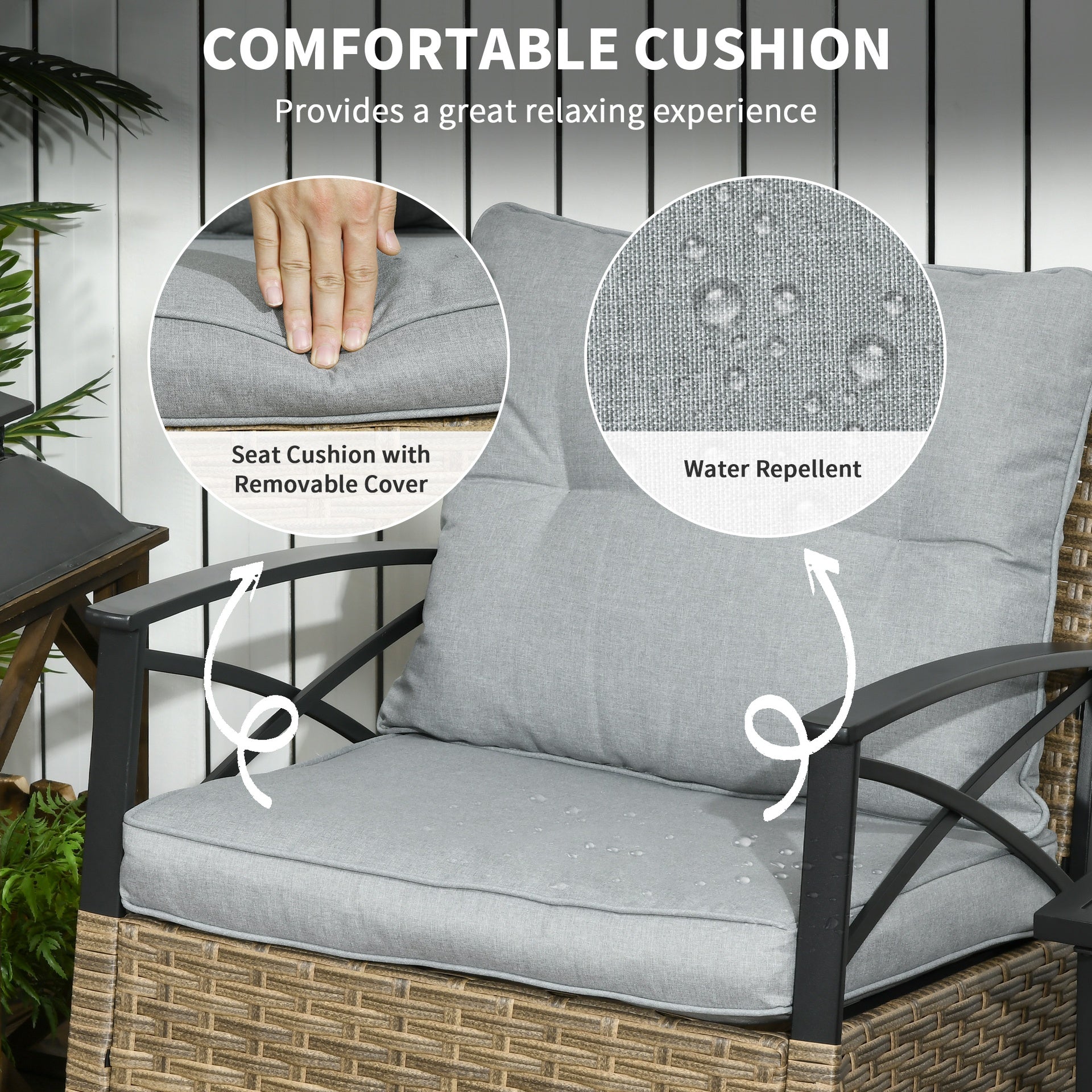 Outsunny 3 Piece Patio Rocking Chair Set, Outdoor Wicker Bistro Set with 2 Oversize Cushioned Porch Rockers and 2 Tier Coffee Table for Garden, Backyard, Light Gray