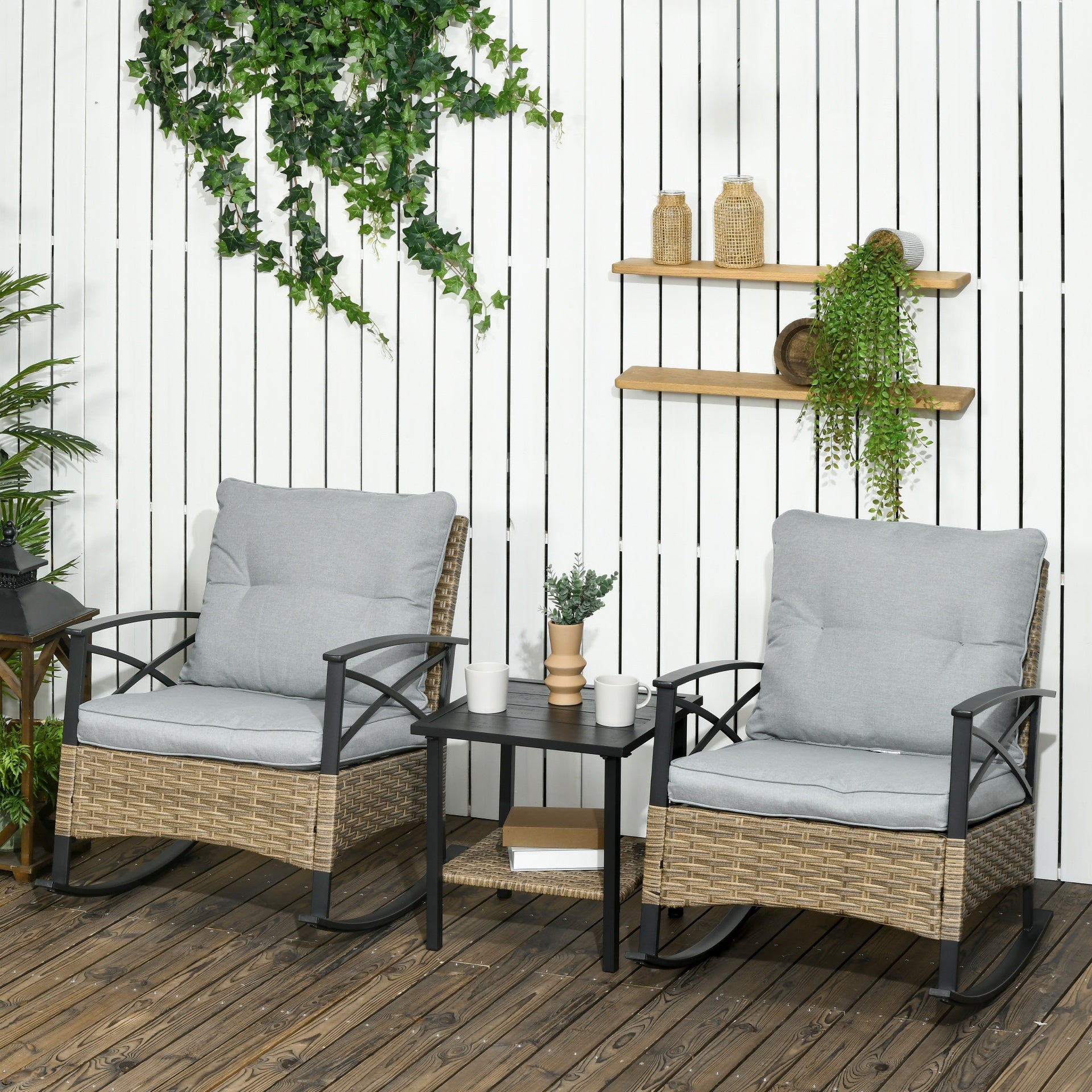 Outsunny 3 Piece Patio Rocking Chair Set, Outdoor Wicker Bistro Set with 2 Oversize Cushioned Porch Rockers and 2 Tier Coffee Table for Garden, Backyard, Light Gray