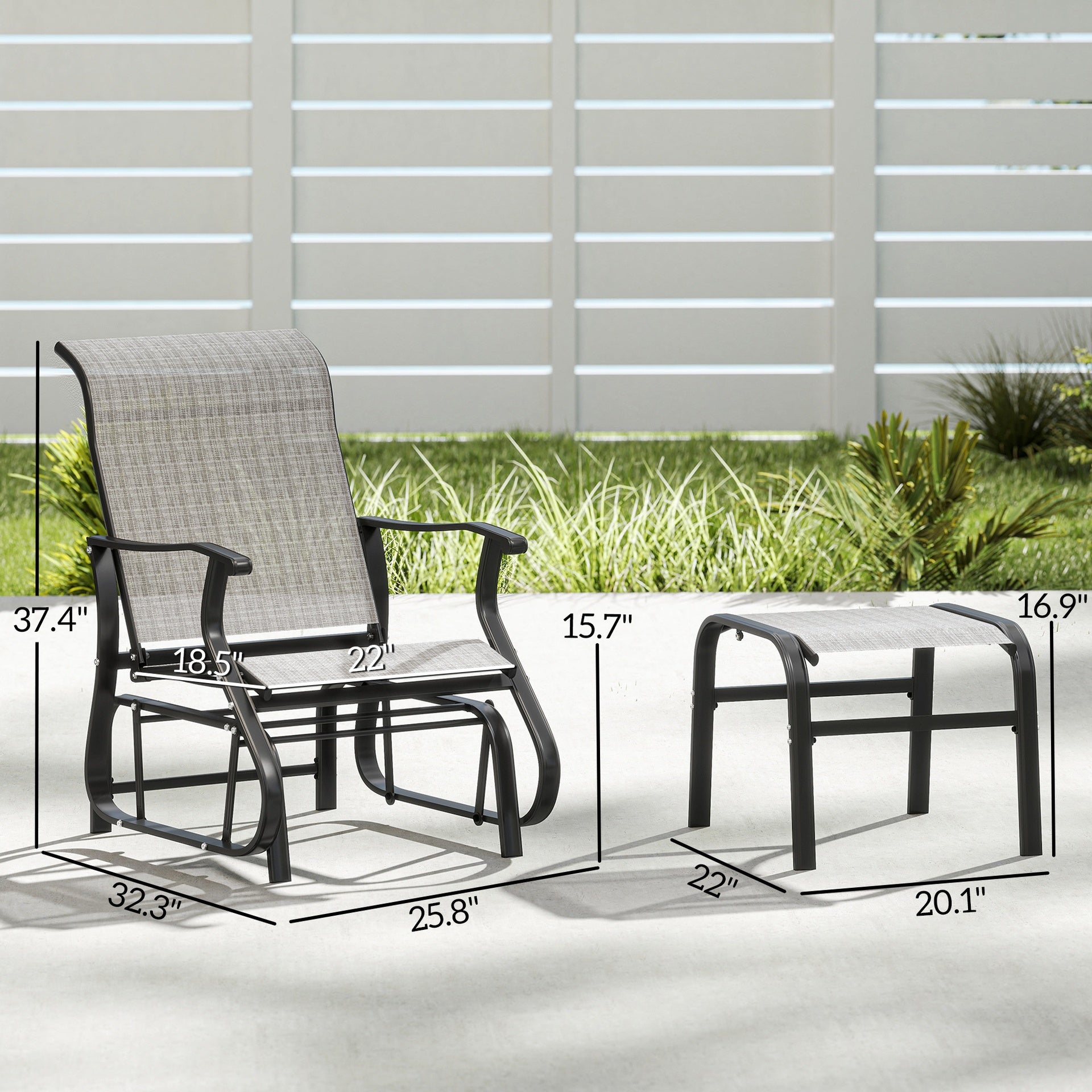 Outsunny Outdoor Glider with Ottoman, Patio Glider Chair Set with High Back, Wide Seat for Porch, Garden, Backyard, Gray
