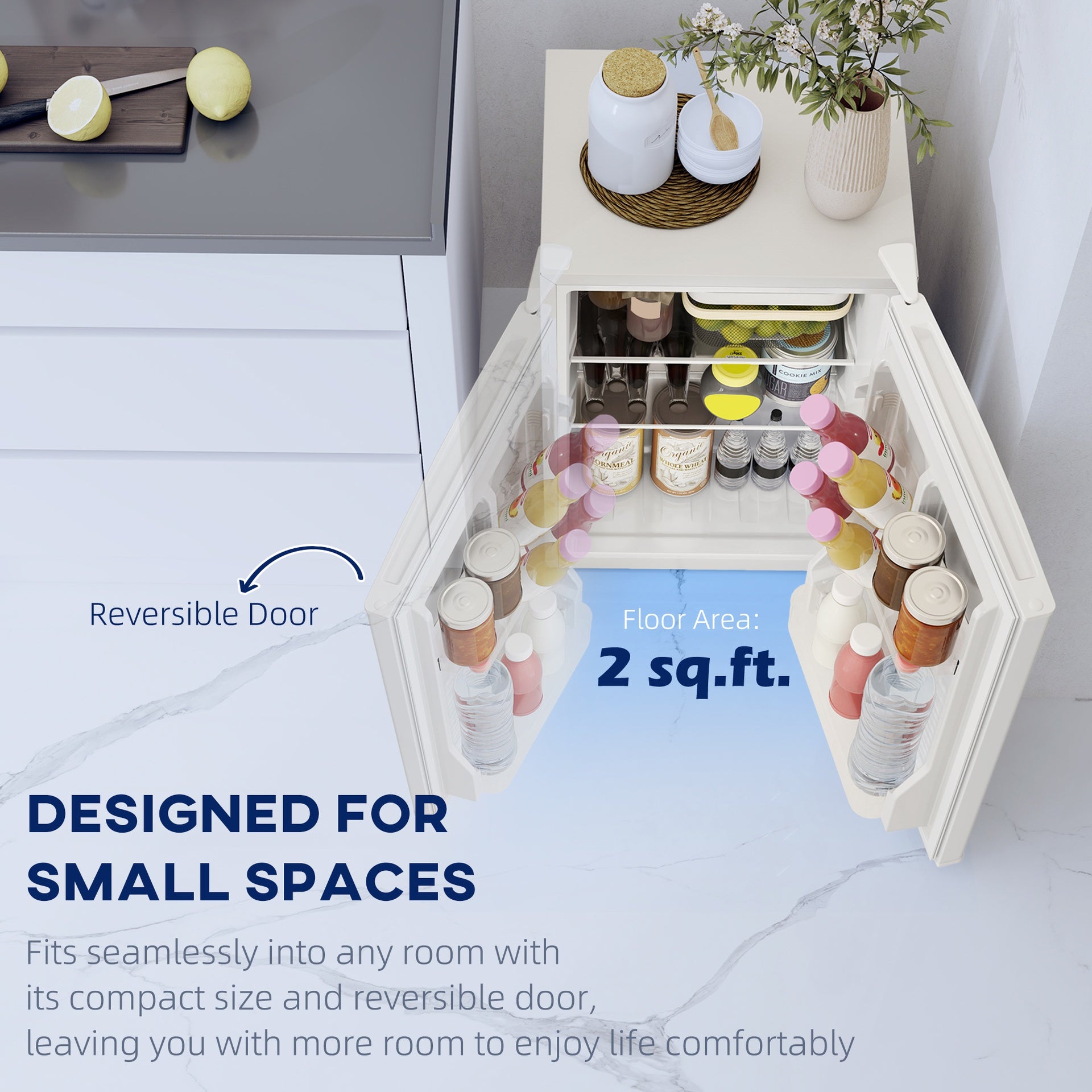 HOMCOM 2.5 Cu.Ft Mini Fridge, Single Door Compact Refrigerator with Freezer, Adjustable Thermostat, Reversible Door, White