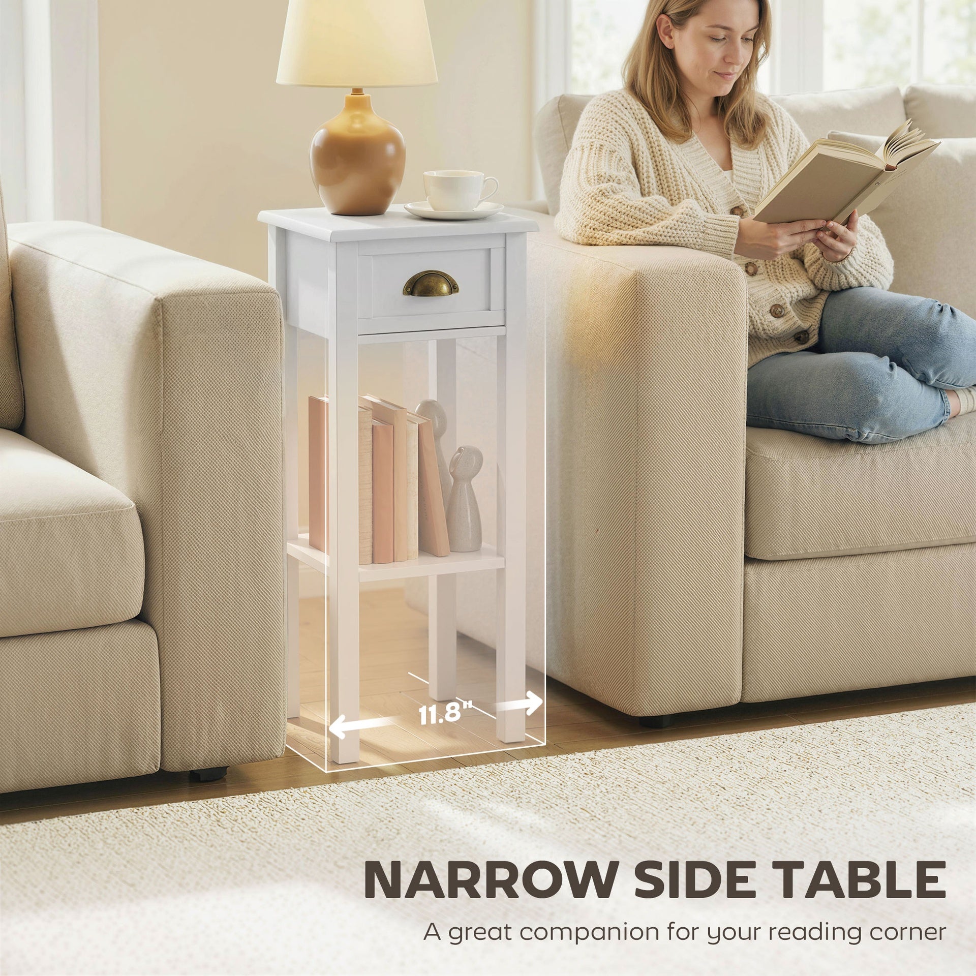 HOMCOM 2-Tier Side Table with Drawer and Shelf, End Table for Living Room and Hallway, White