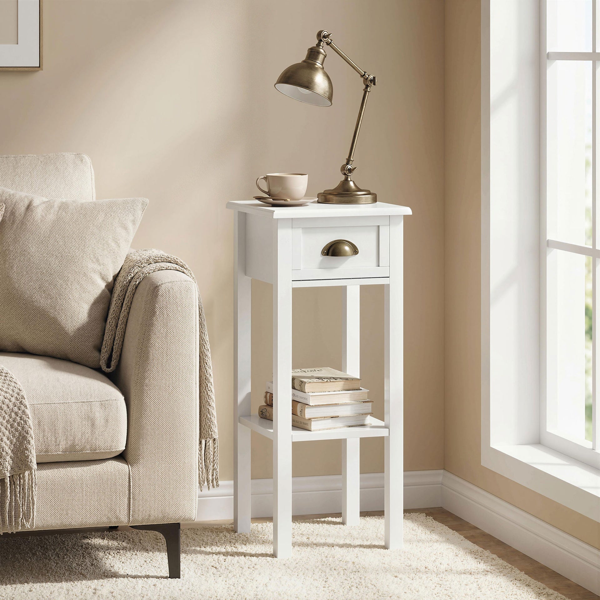 HOMCOM 2-Tier Side Table with Drawer and Shelf, End Table for Living Room and Hallway, White
