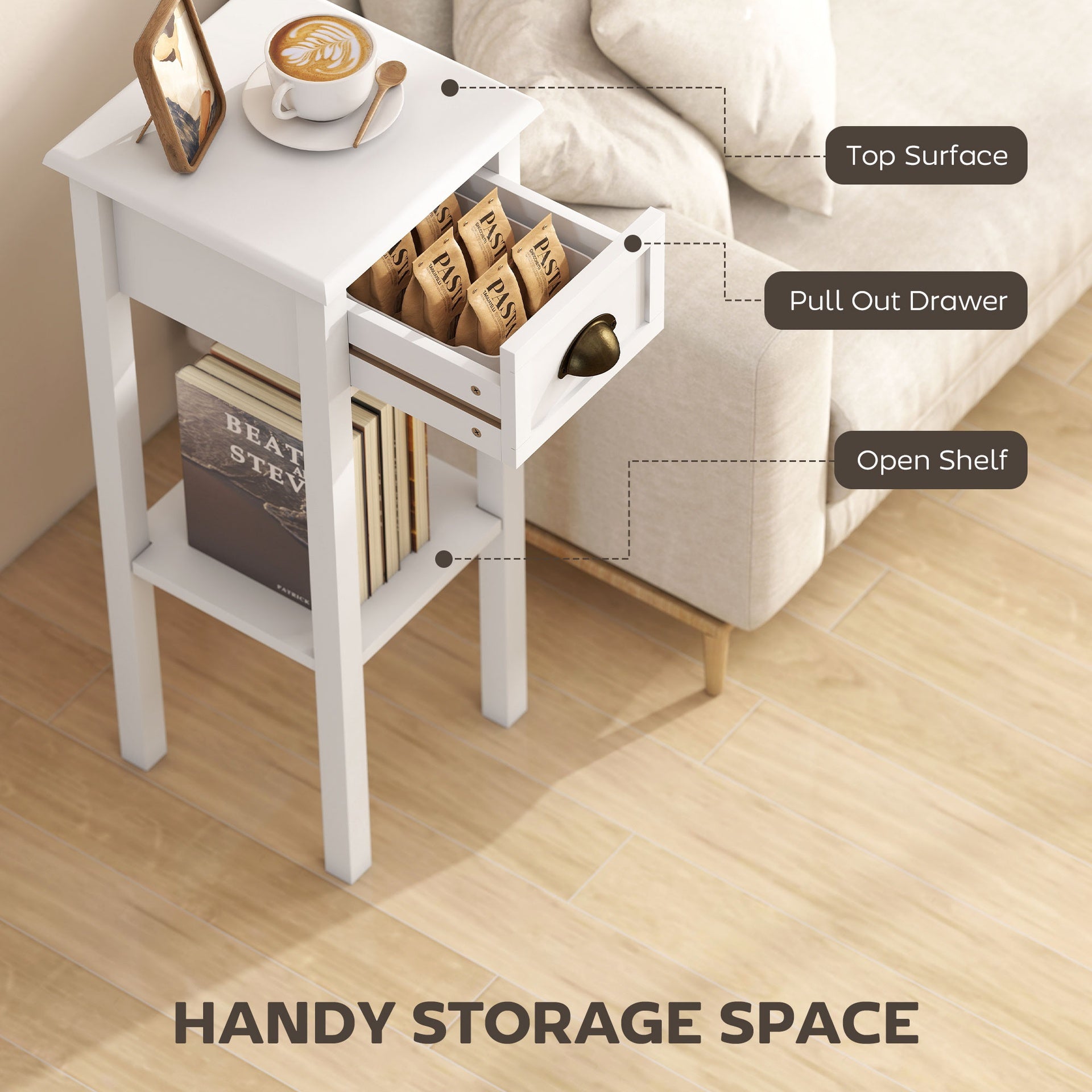 HOMCOM 2-Tier Side Table with Drawer and Shelf, End Table for Living Room and Hallway, White