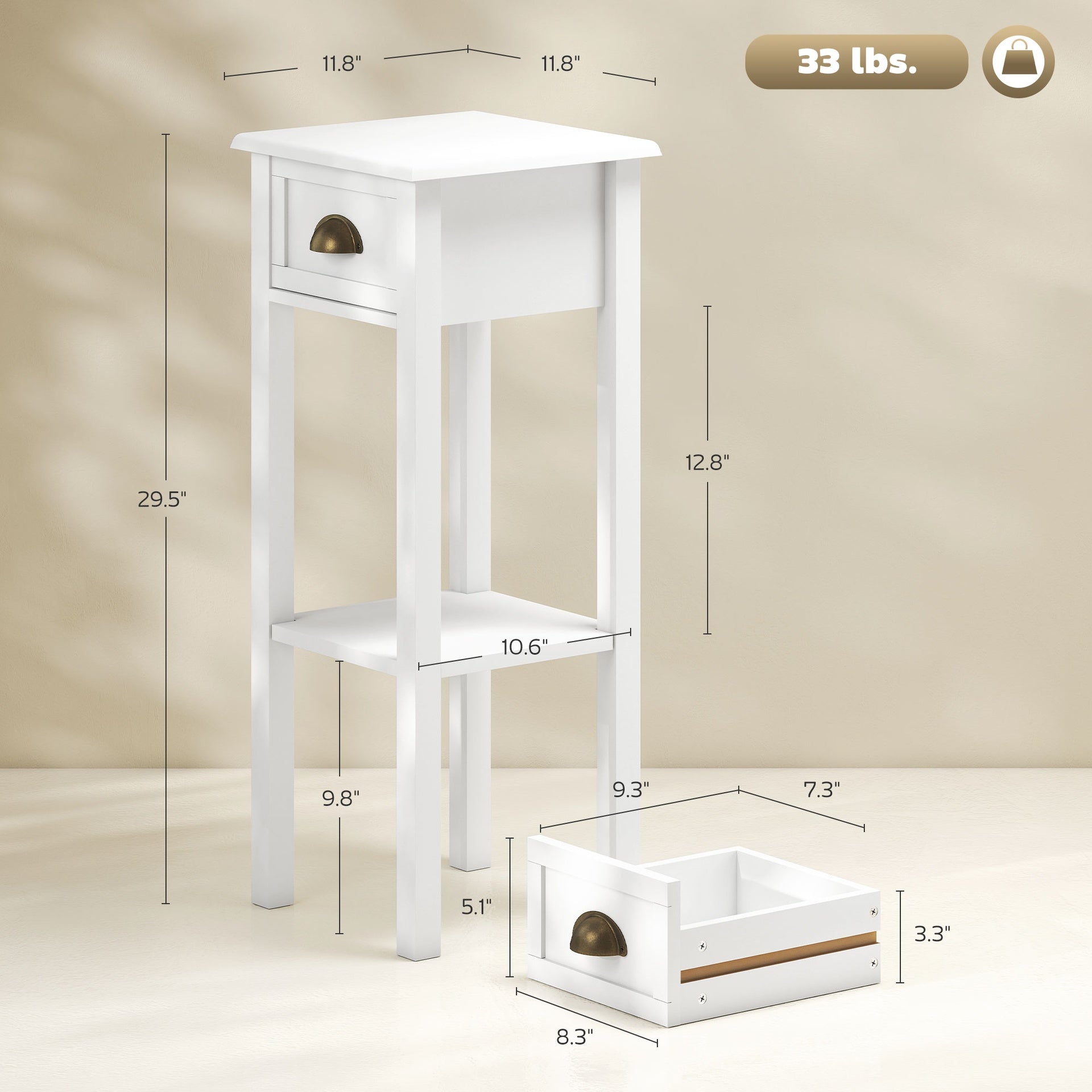 HOMCOM 2-Tier Side Table with Drawer and Shelf, End Table for Living Room and Hallway, White
