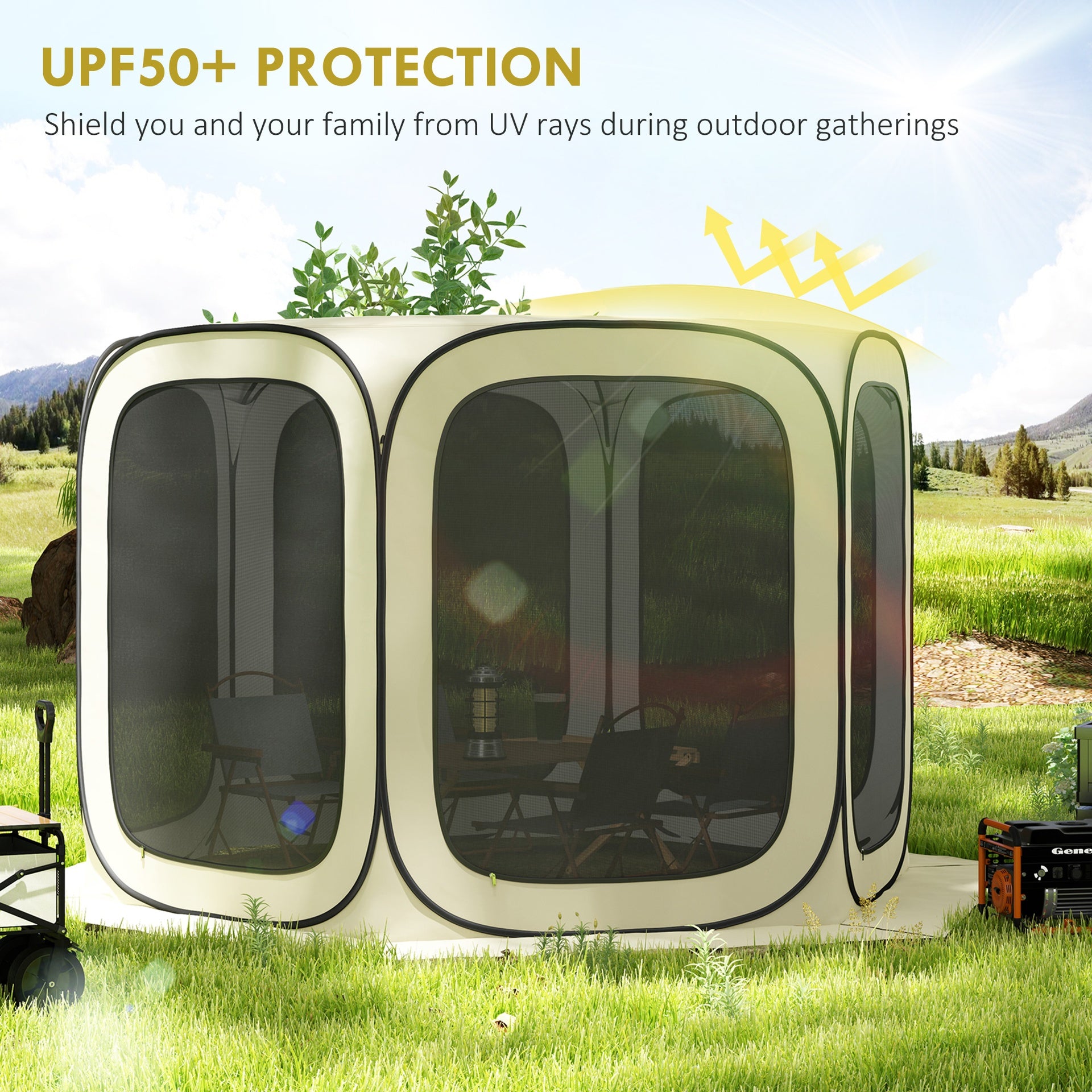 Outsunny 11 x 11ft Pop Up Screen Tent, UPF50+ Portable Camping Gazebo Screen House with Carry Bag, Beige