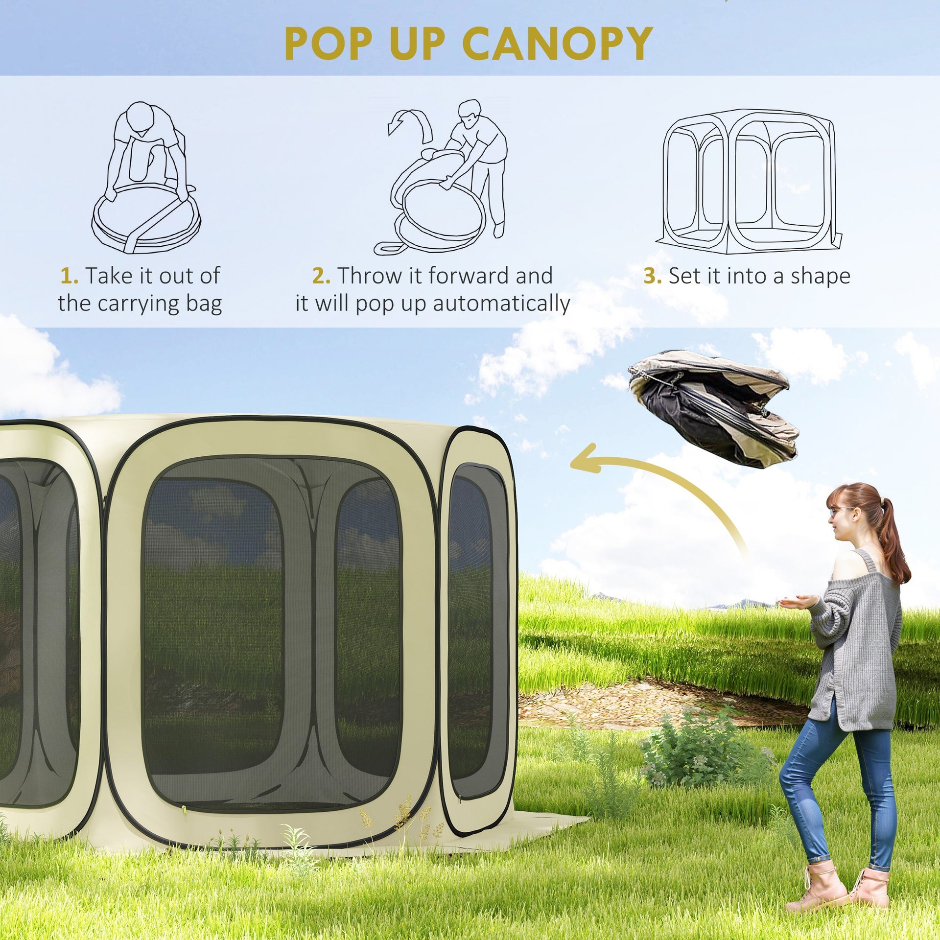 Outsunny 11 x 11ft Pop Up Screen Tent, UPF50+ Portable Camping Gazebo Screen House with Carry Bag, Beige