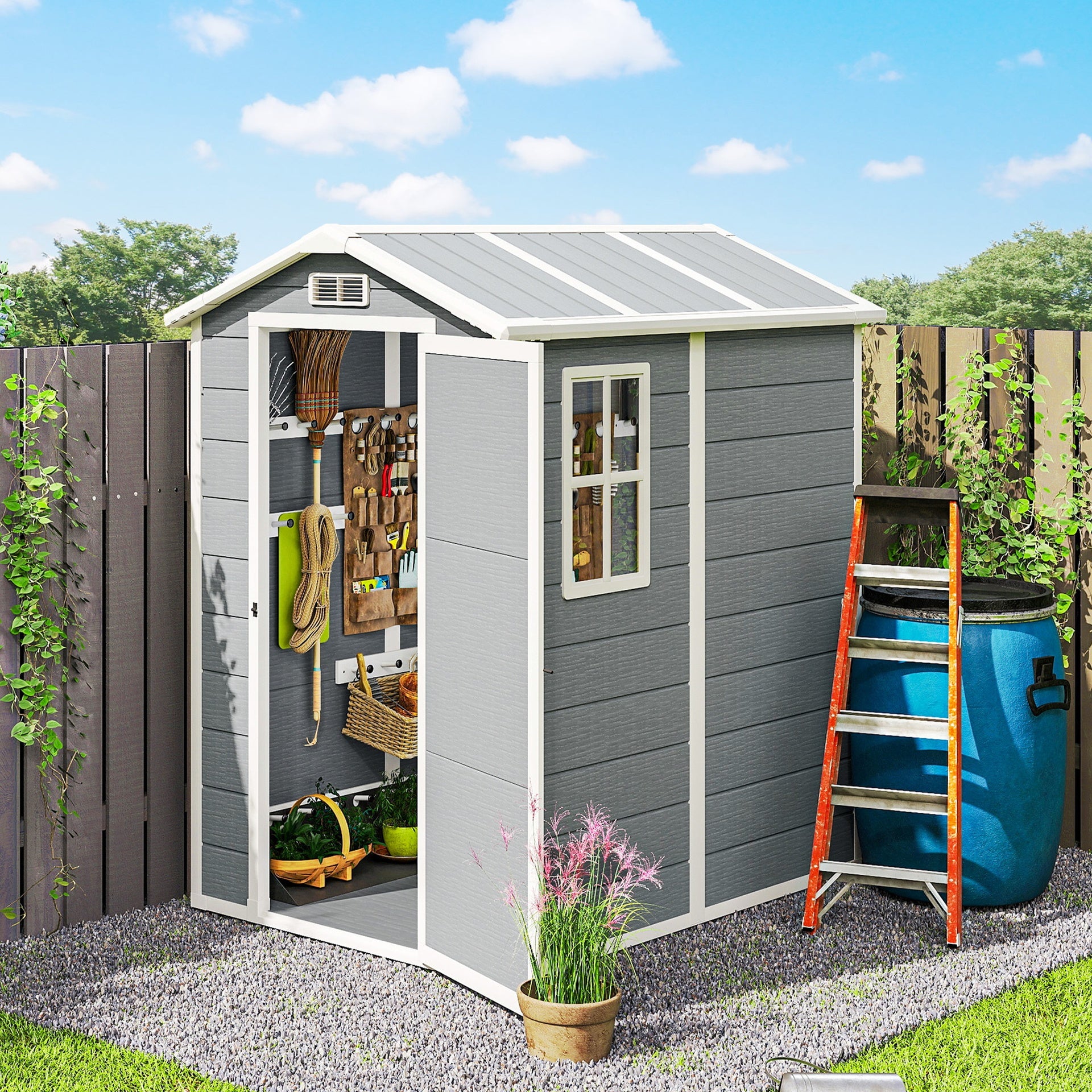 Outsunny 6' x 4' Outdoor Storage Shed, Plastic Shed with Floor, Window, Lockable Door and Vents for Outdoor Patio Storage, Gray