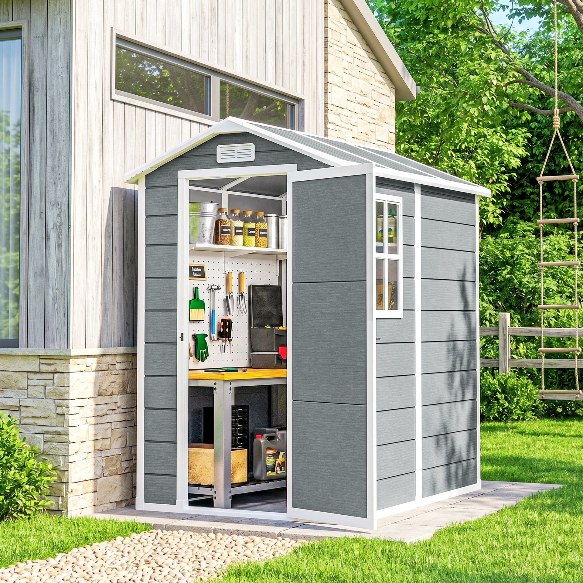 Outsunny 6' x 4' Outdoor Storage Shed, Plastic Shed with Floor, Window, Lockable Door and Vents for Outdoor Patio Storage, Gray