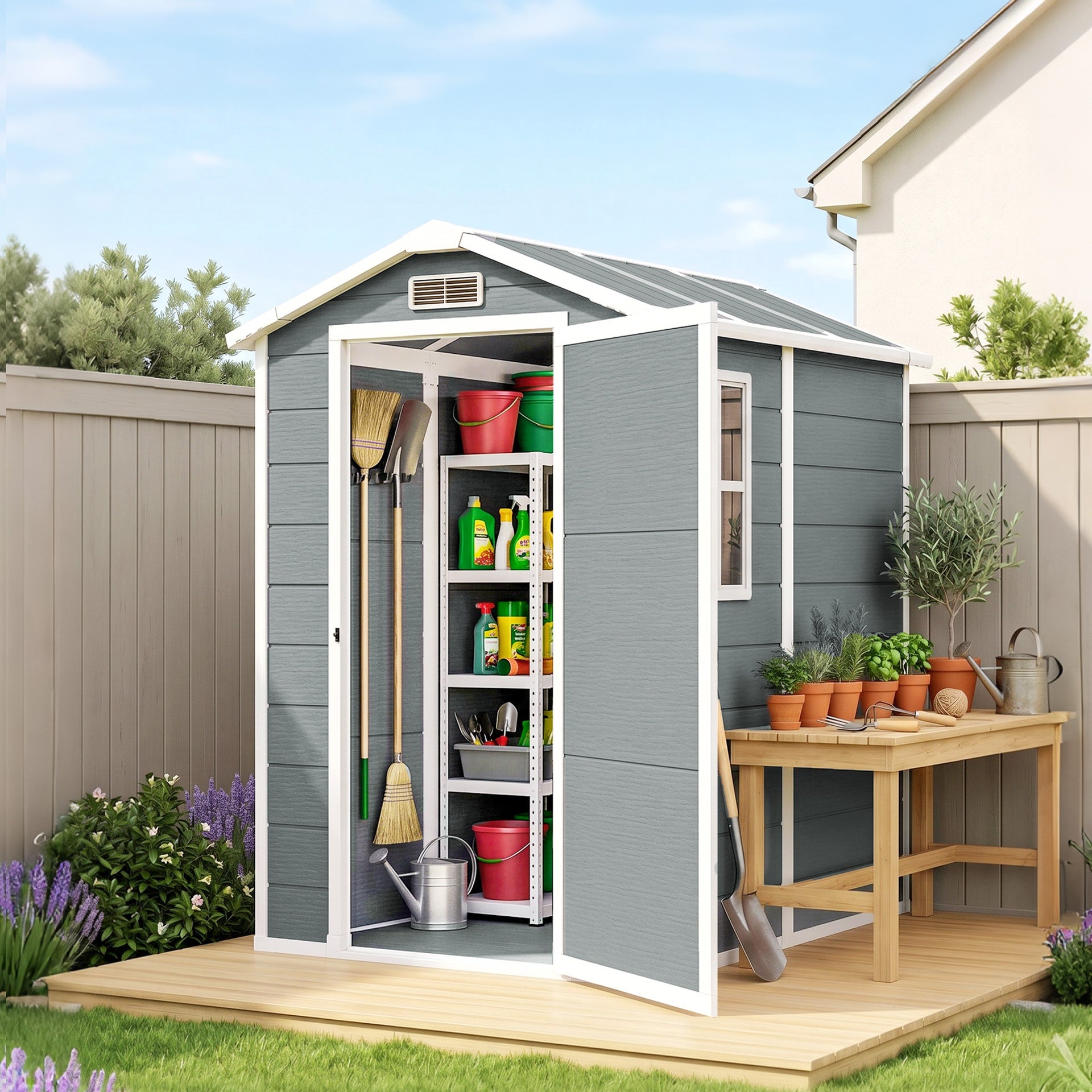 Outsunny 6' x 4' Outdoor Storage Shed, Plastic Shed with Floor, Window, Lockable Door and Vents for Outdoor Patio Storage, Gray
