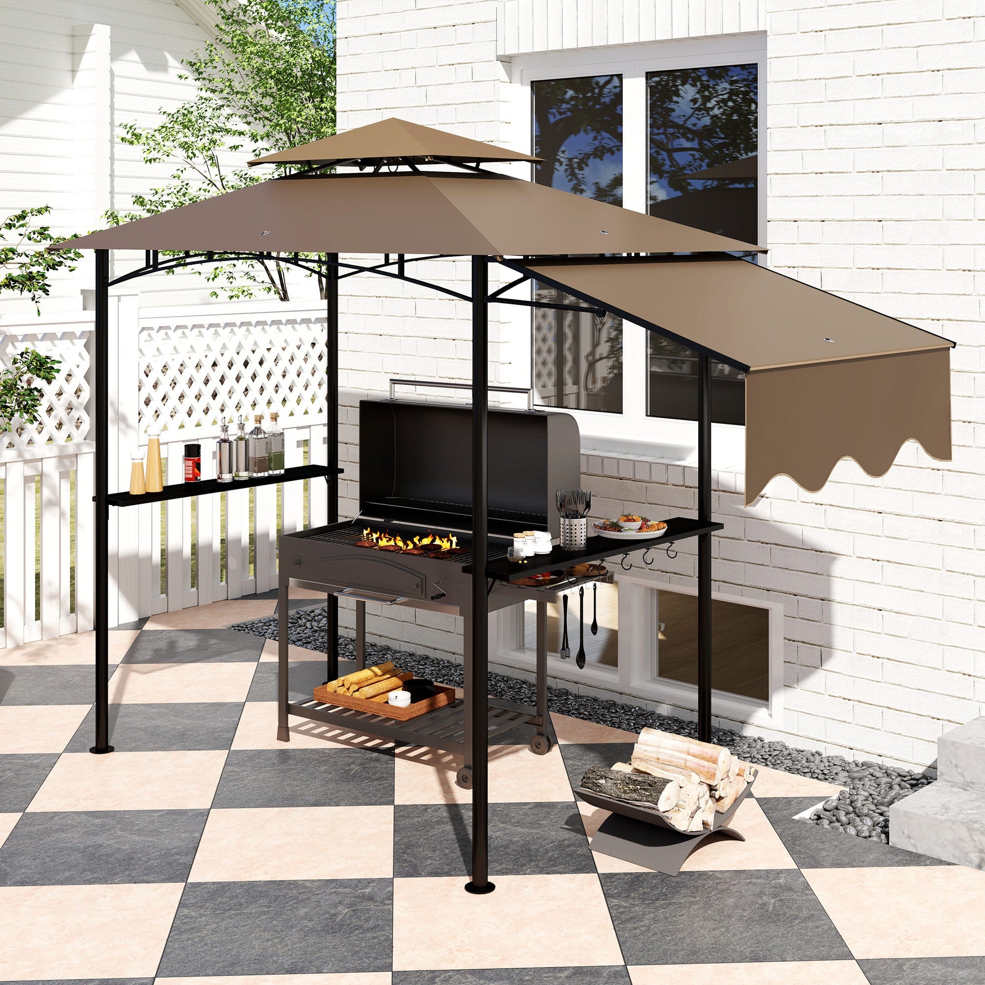Outsunny 8' x 5' Outdoor Grill Gazebo, Barbecue Gazebo Shelter with Side Awning, 2 Side Shelves and 6 Hooks, Brown