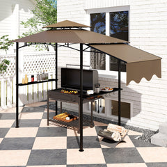 Outsunny 8' x 5' Outdoor Grill Gazebo, Barbecue Gazebo Shelter with Side Awning, 2 Side Shelves and 6 Hooks, Brown
