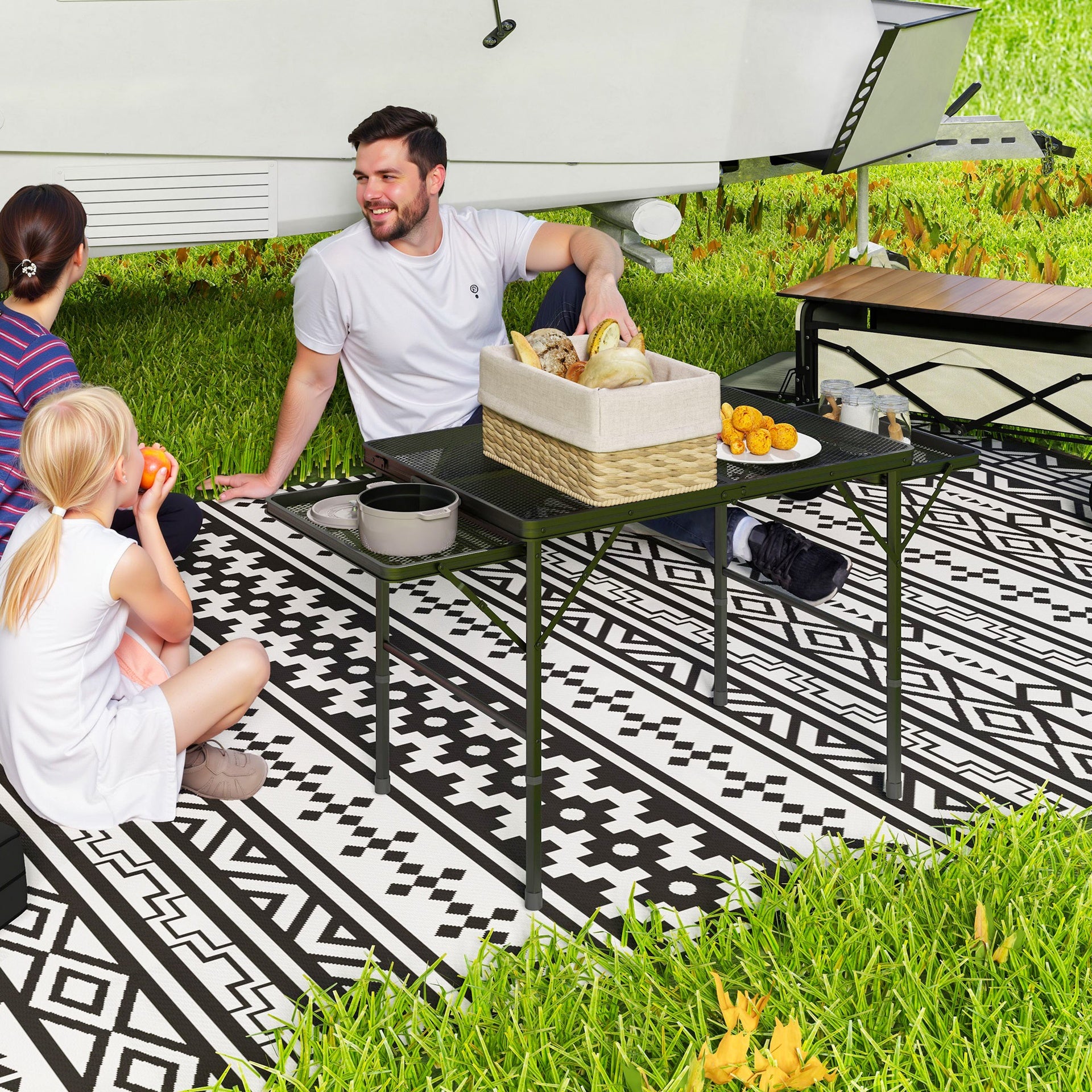 Outsunny Folding Camping Table, 4.5ft Portable Table with 2 Wing Panels, Height Adjustable Metal Picnic Table