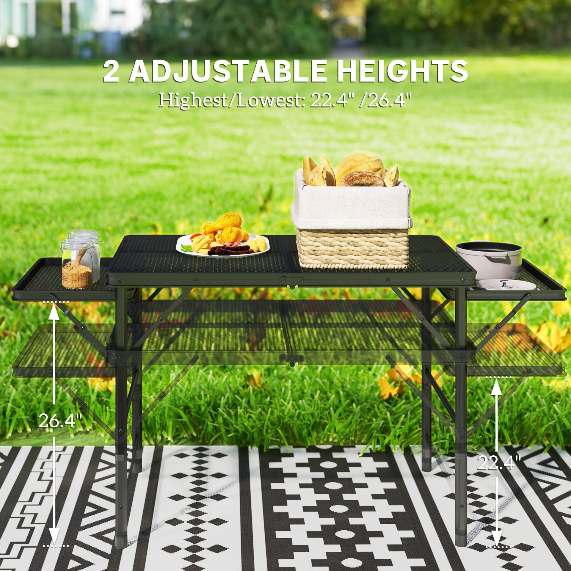 Outsunny Folding Camping Table, 4.5ft Portable Table with 2 Wing Panels, Height Adjustable Metal Picnic Table