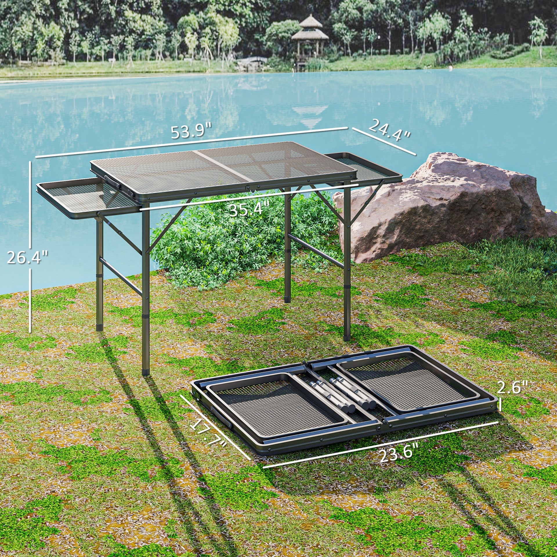 Outsunny Folding Camping Table, 4.5ft Portable Table with 2 Wing Panels, Height Adjustable Metal Picnic Table