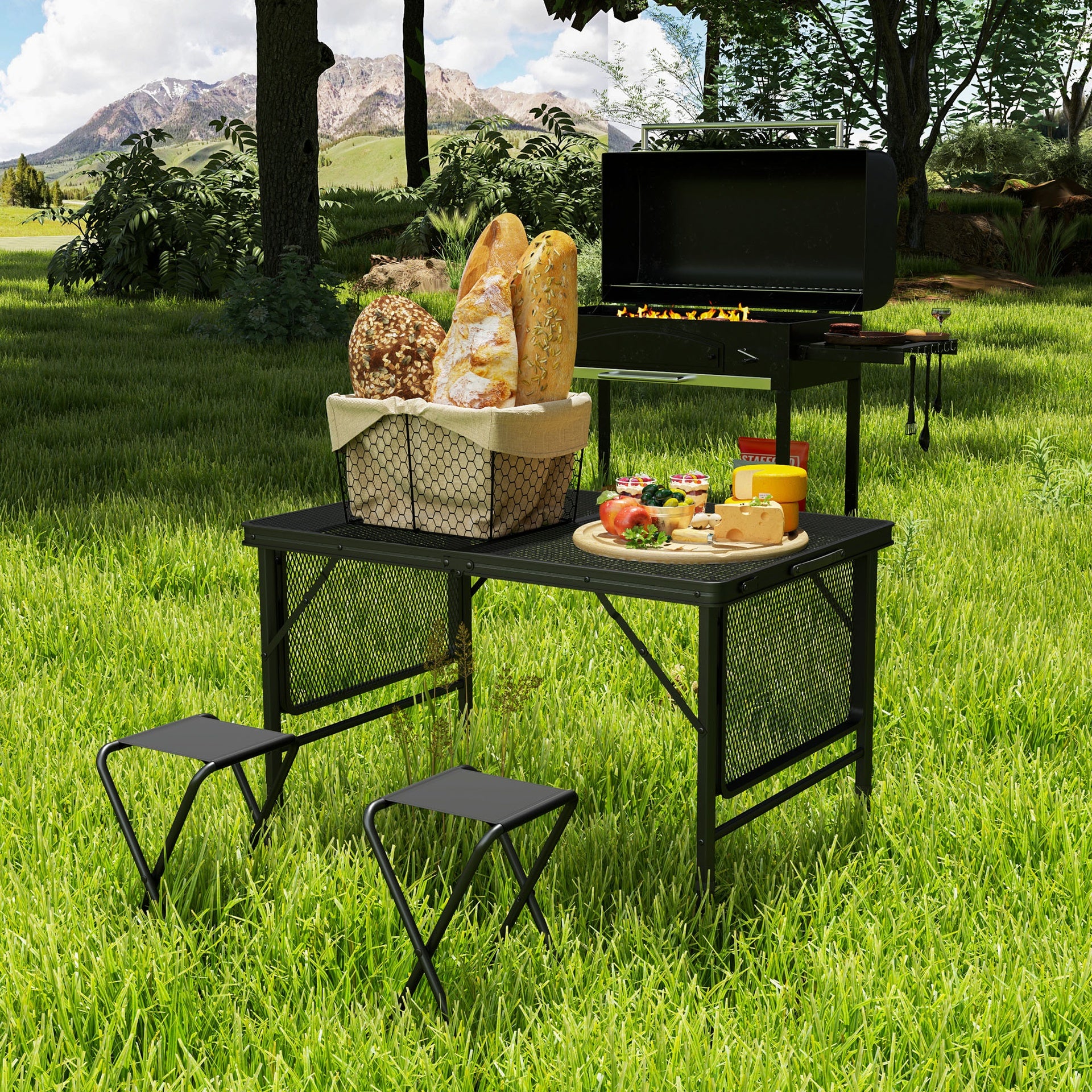 Outsunny Folding Camping Table, 4.5ft Portable Table with 2 Wing Panels, Height Adjustable Metal Picnic Table