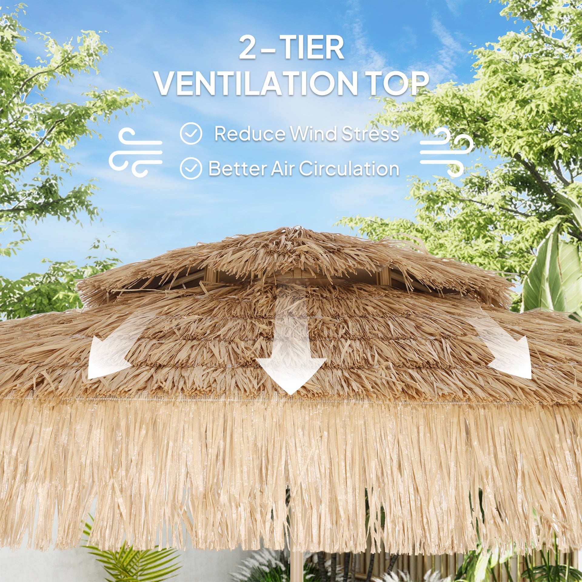 Outsunny 10 ft. Hula Thatched Tiki Patio Outdoor Umbrella with 8 Ribs, UPF30+, for Garden, Backyard, Deck, Pool, Natural
