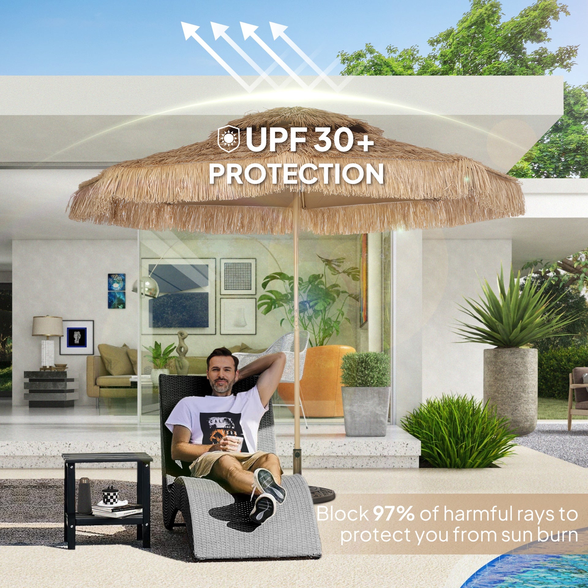 Outsunny 10 ft. Hula Thatched Tiki Patio Outdoor Umbrella with 8 Ribs, UPF30+, for Garden, Backyard, Deck, Pool, Natural