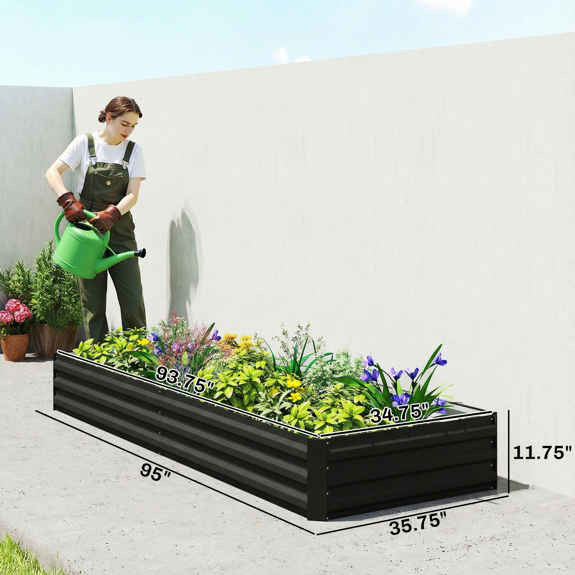 Outsunny 95" x 36" x 12" Galvanized Raised Garden Bed, Easy DIY and Cleaning for Growing Flowers, Herbs, Succulents, Black