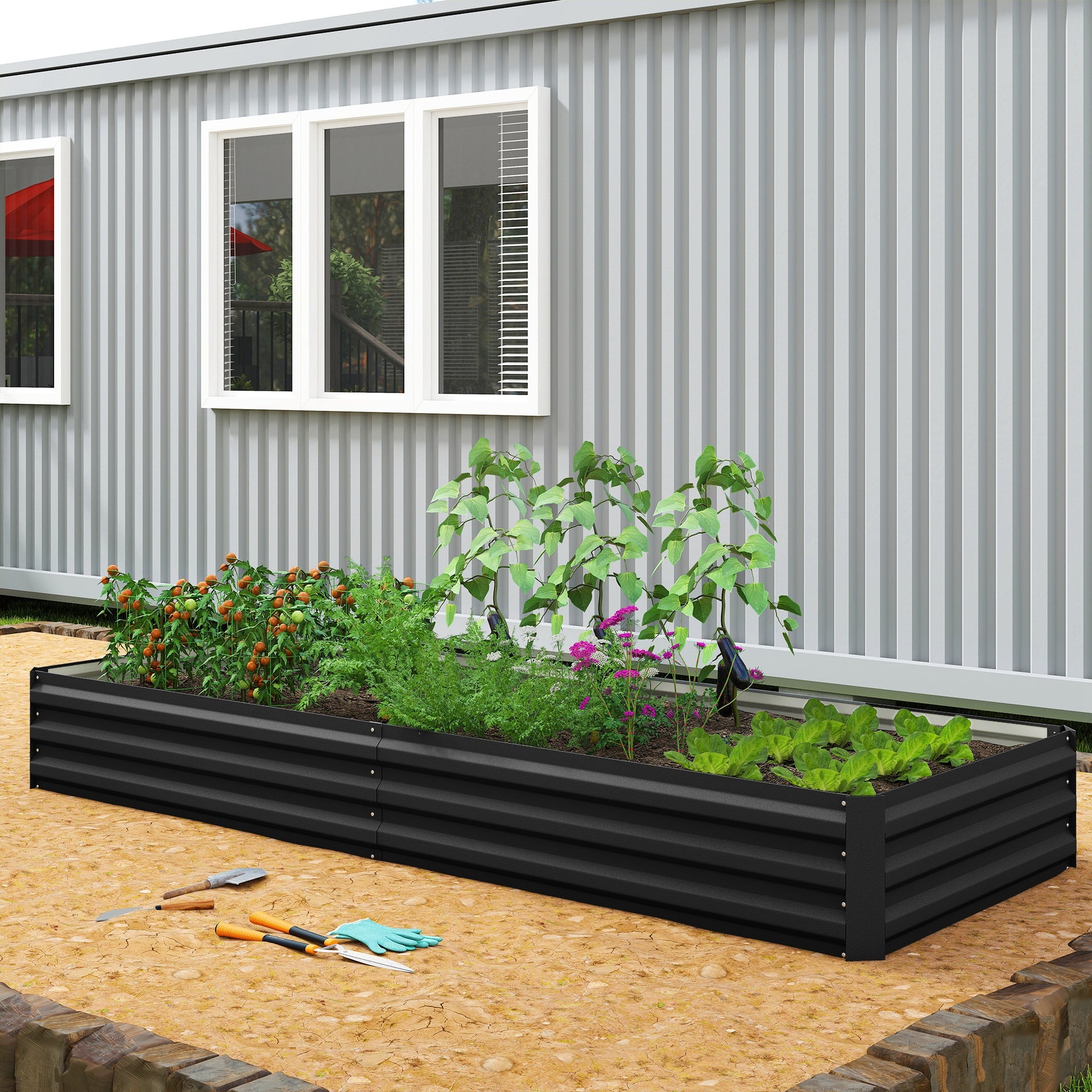 Outsunny 95" x 36" x 12" Galvanized Raised Garden Bed, Easy DIY and Cleaning for Growing Flowers, Herbs, Succulents, Black
