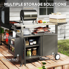 Outsunny Outdoor Grill Cart Table with Stainless Steel Top, Movable Pizza Oven Table with Foldable Side Table, Wheels