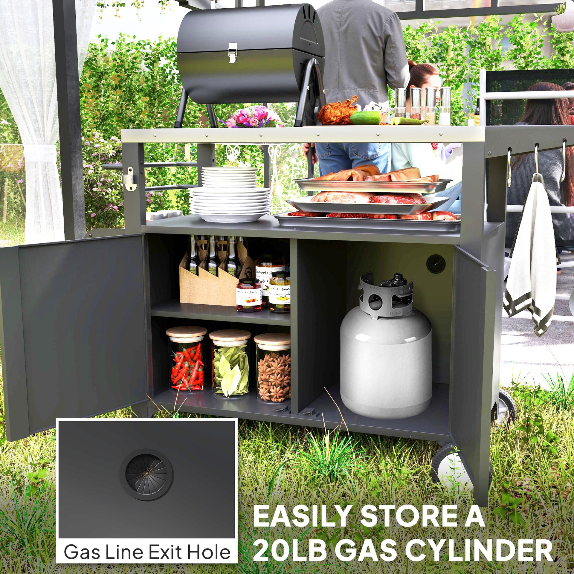 Outsunny Outdoor Grill Cart Table with Stainless Steel Top, Movable Pizza Oven Table with Foldable Side Table, Wheels