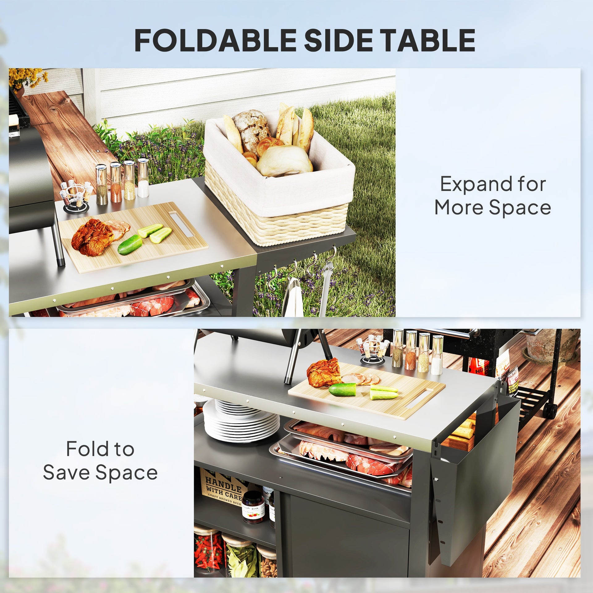 Outsunny Outdoor Grill Cart Table with Stainless Steel Top, Movable Pizza Oven Table with Foldable Side Table, Wheels