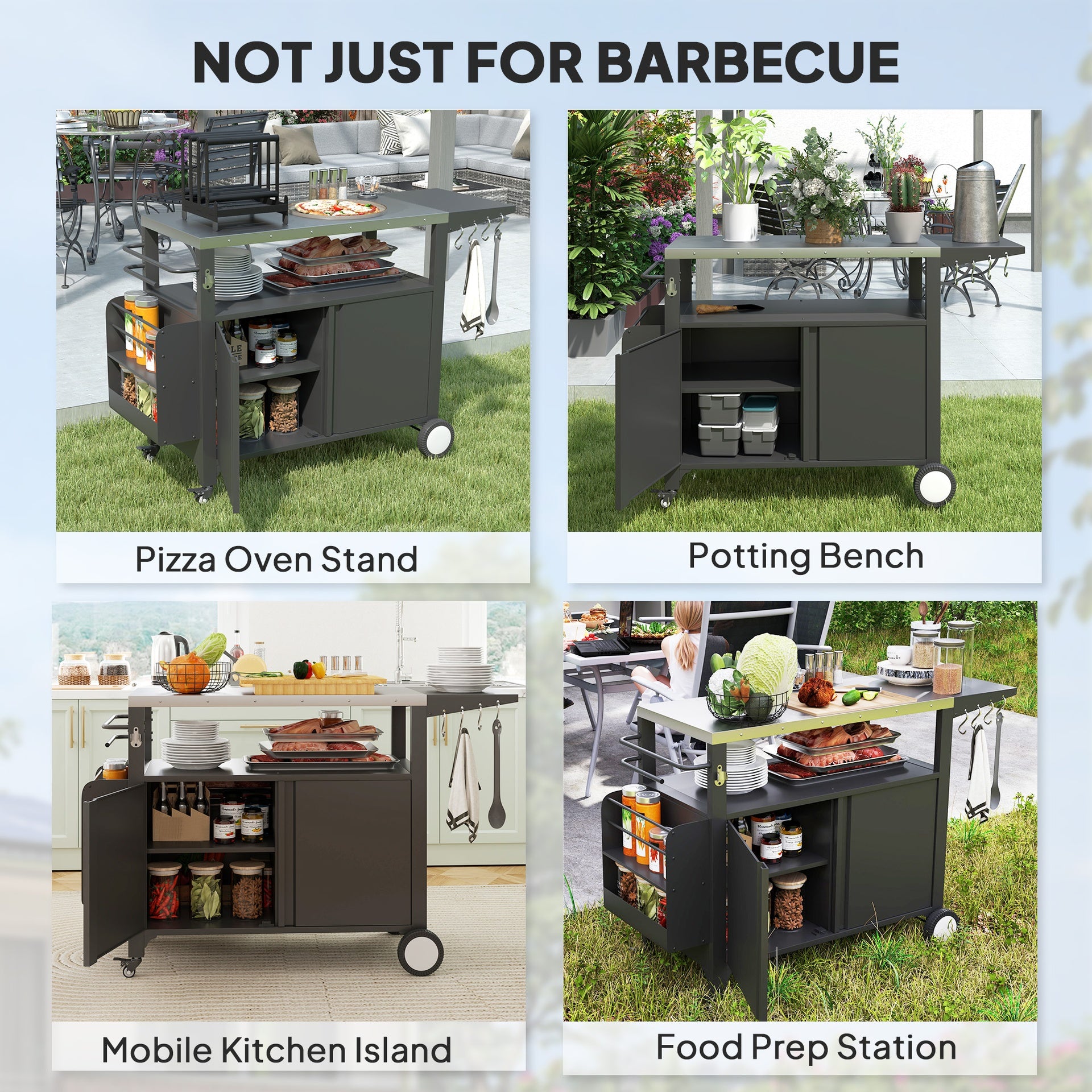 Outsunny Outdoor Grill Cart Table with Stainless Steel Top, Movable Pizza Oven Table with Foldable Side Table, Wheels