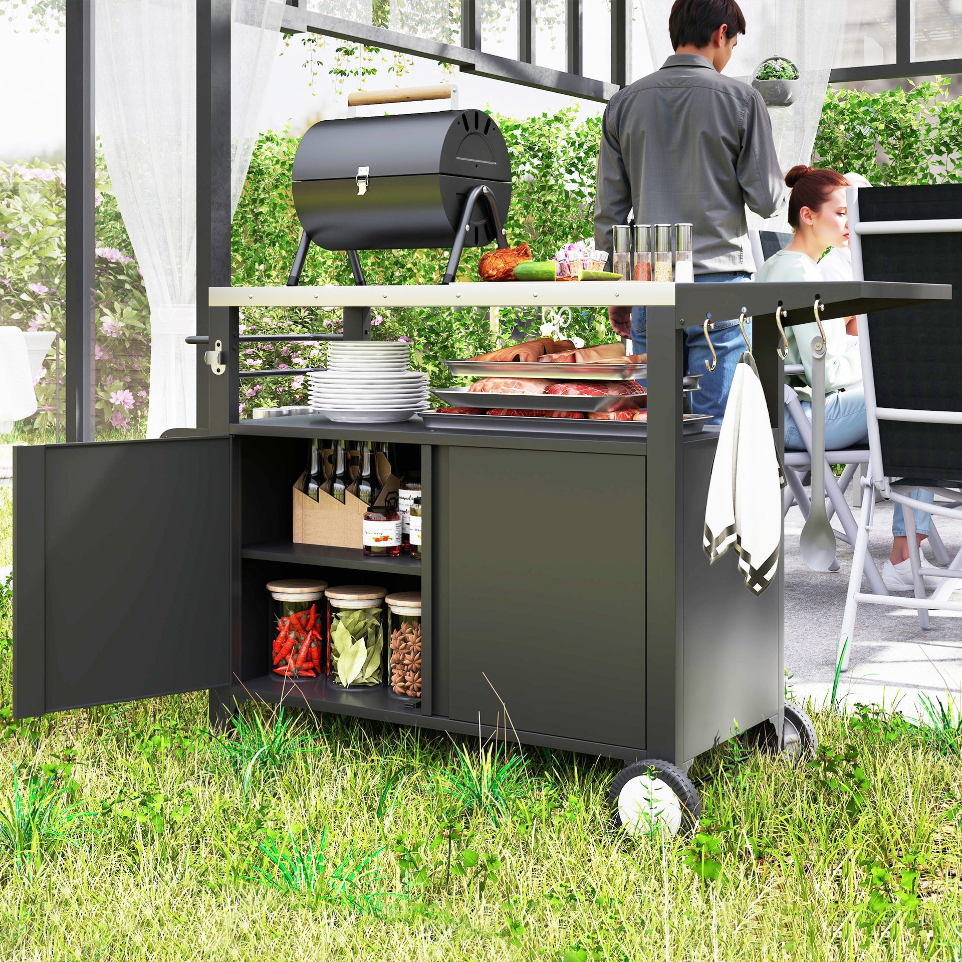Outsunny Outdoor Grill Cart Table with Stainless Steel Top, Movable Pizza Oven Table with Foldable Side Table, Wheels