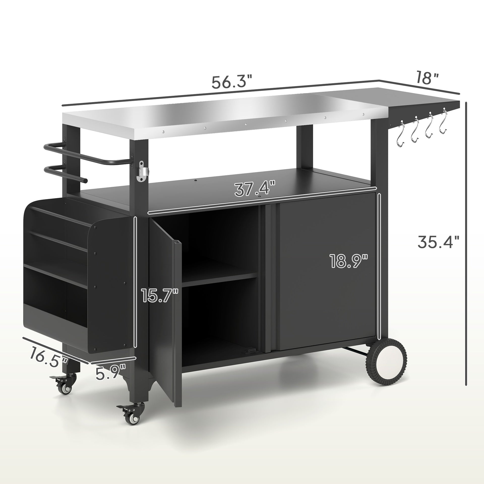 Outsunny Outdoor Grill Cart Table with Stainless Steel Top, Movable Pizza Oven Table with Foldable Side Table, Wheels