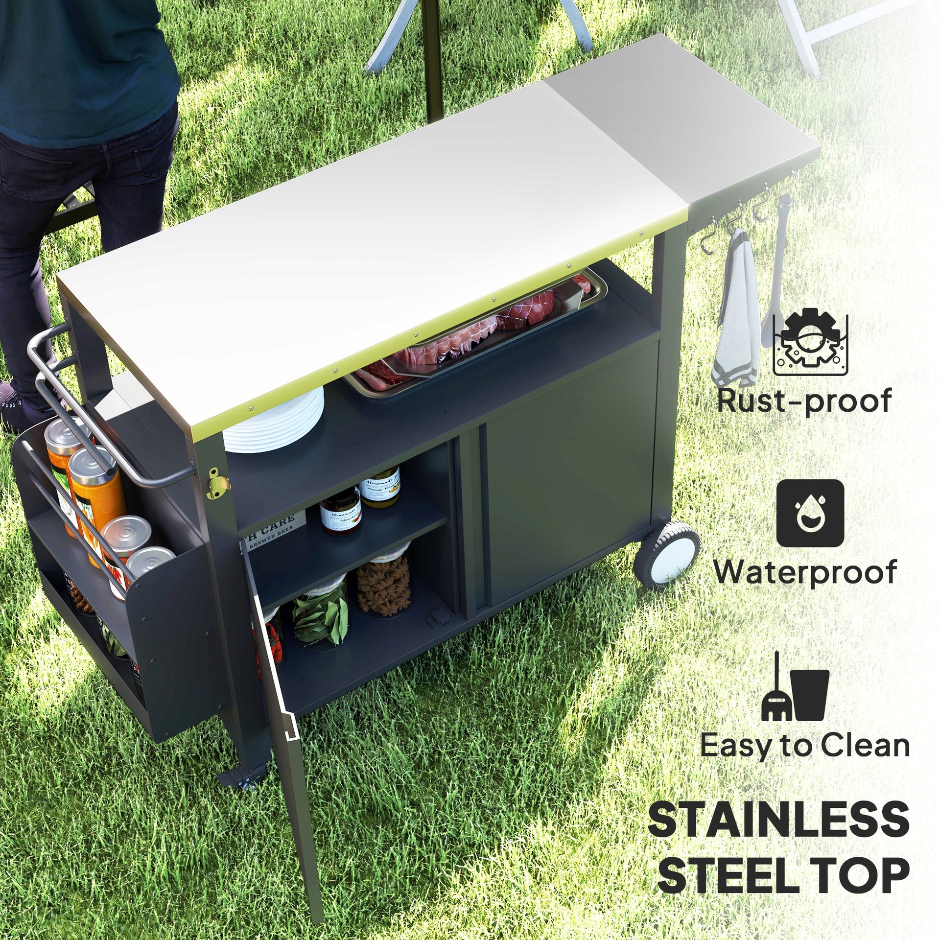 Outsunny Outdoor Grill Cart Table with Stainless Steel Top, Movable Pizza Oven Table with Foldable Side Table, Wheels